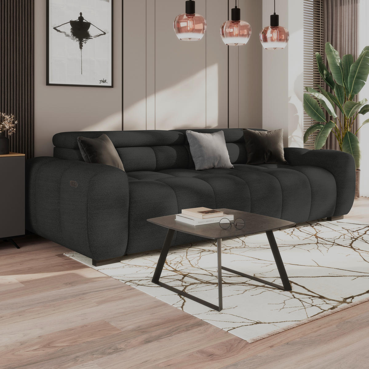 BIGSOFA inkl. mot. Funktion Webstoff Schwarz  - Schwarz, Design, Kunststoff/Textil (248/77-97/108cm) - Welnova