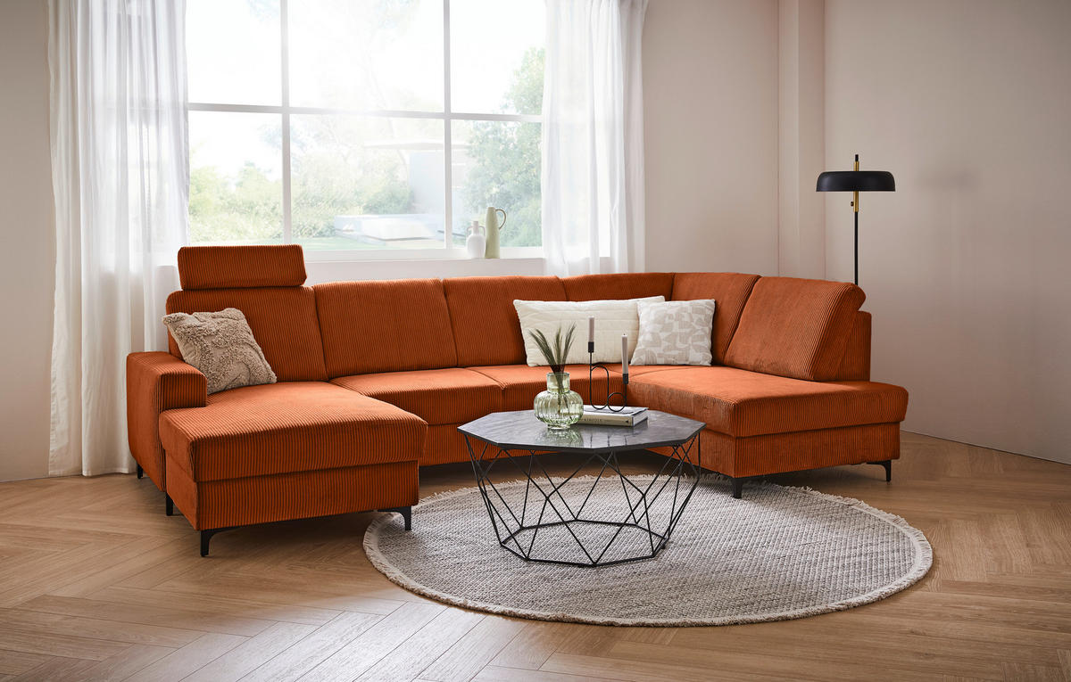 WOHNLANDSCHAFT in Cord Terracotta  - Terracotta/Schwarz, Konventionell, Textil/Metall (167/317/185cm) - Stylife