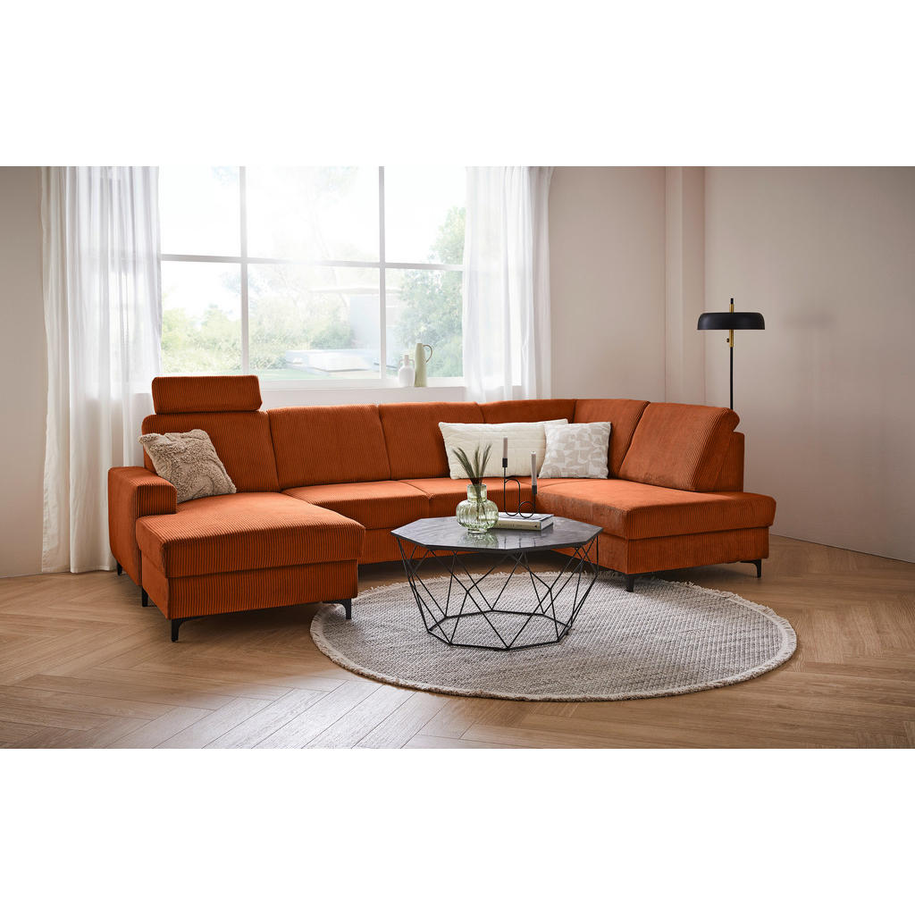 Thumbnail - Stylife Wohnlandschaft, Terracotta, Textil, 4-Sitzer, Ottomane rechts, U-Form, 317x185 cm, Made in EU, Rücken echt, Wohn...