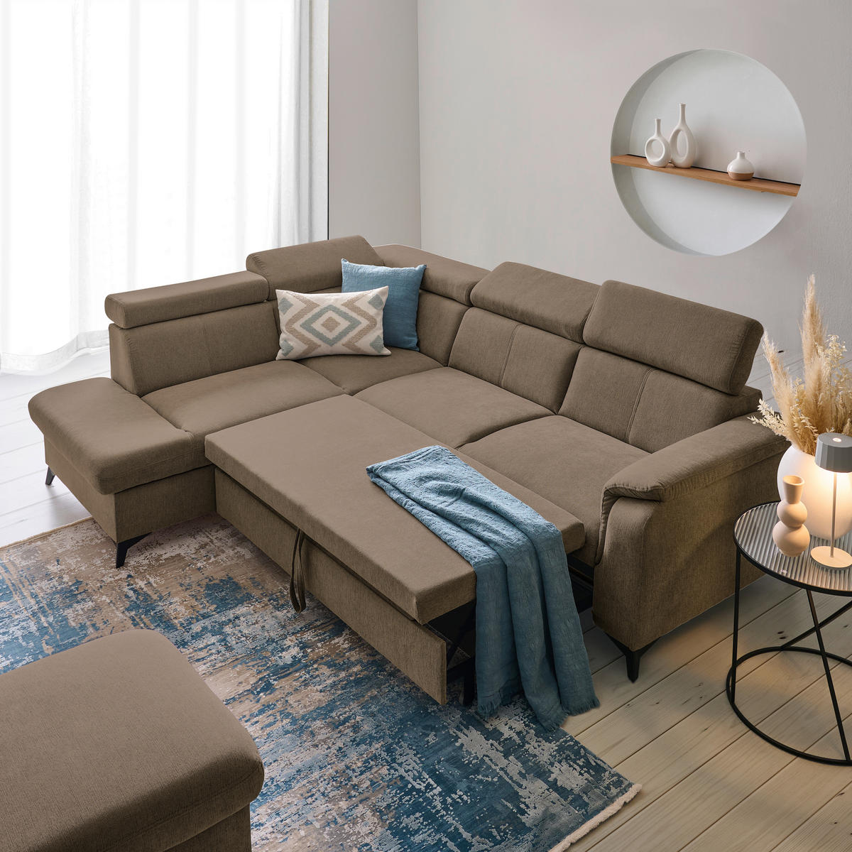 Ecksofa inkl. Funktionen in Chenille Braun, Schlammfarben  - Schlammfarben/Schwarz, Design, Textil/Metall (203/260cm) - Stylife