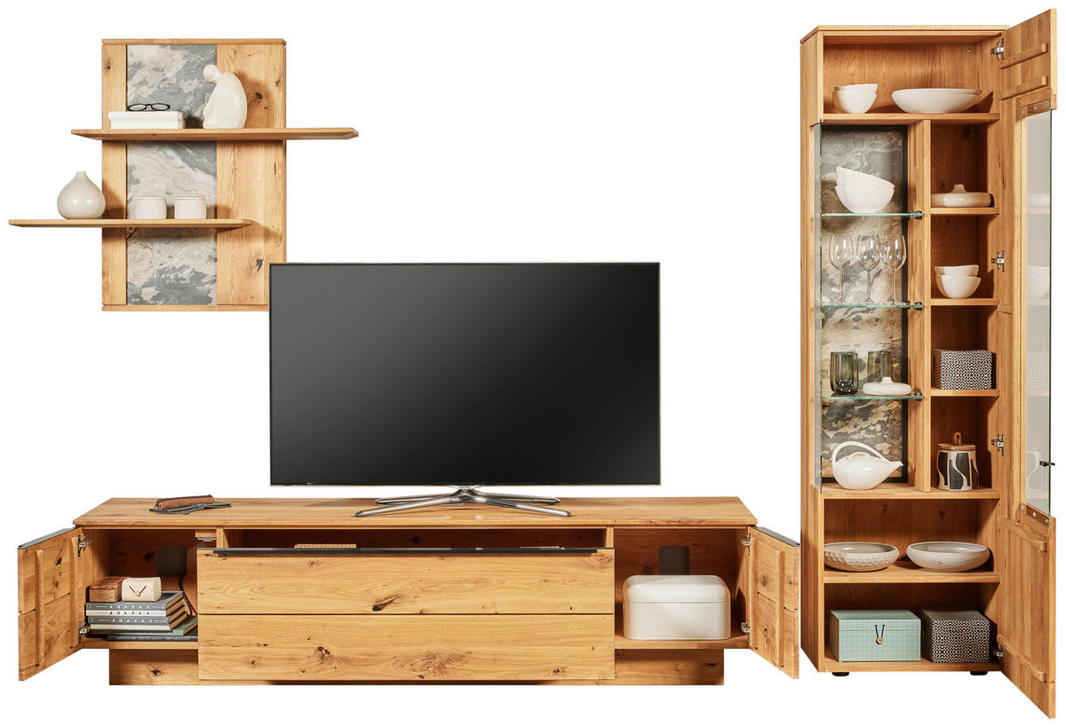 WOHNWAND  in Eichefarben 320/205,7/53,7 cm  - Eichefarben/Schwarz, Natur, Glas/Holz (320/205,7/53,7cm) - Valnatura