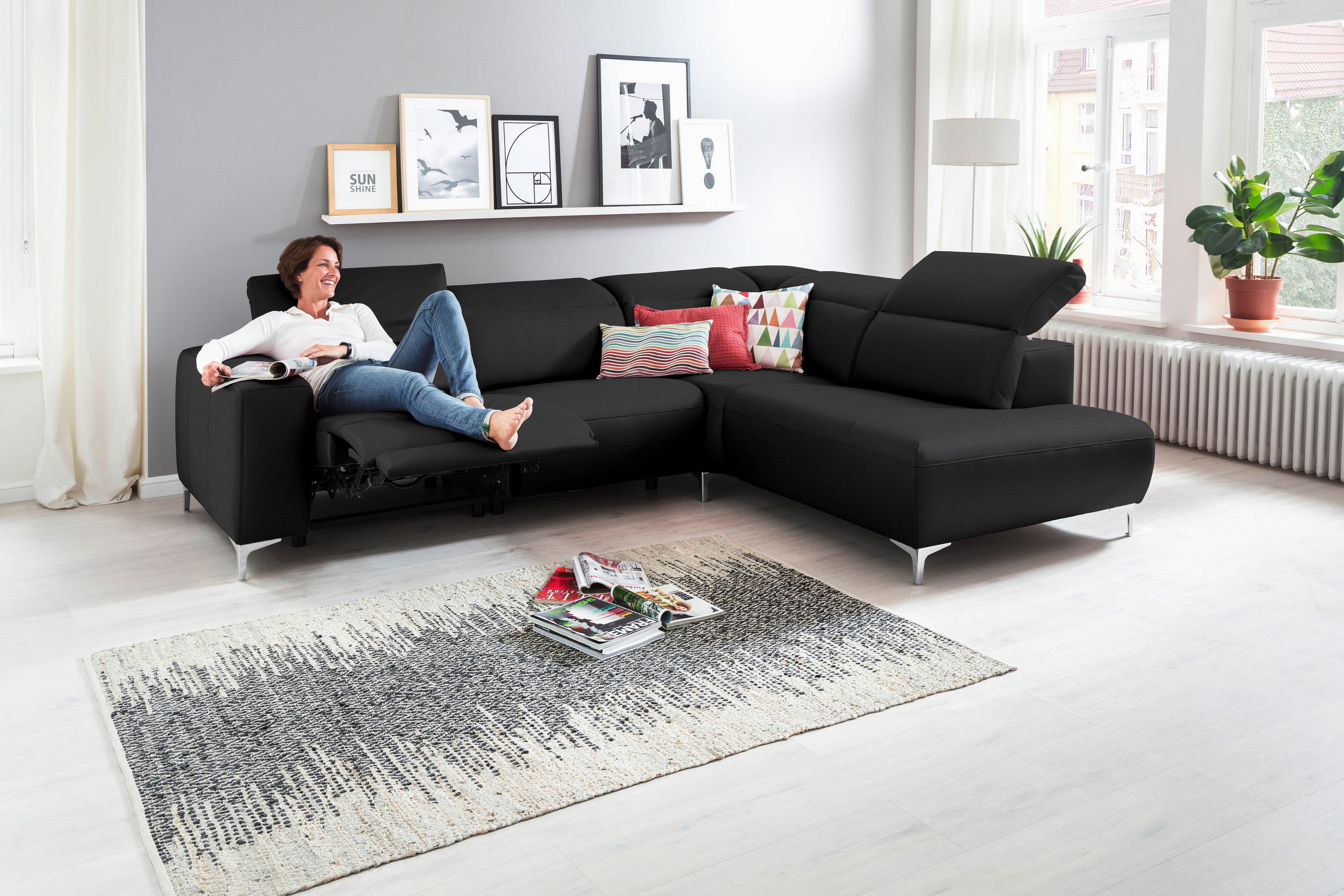 ECKSOFA in Echtleder Schwarz  290/223 cm  - Chromfarben/Schwarz, Design, Leder/Metall (290/223cm) - Pure Home Lifestyle