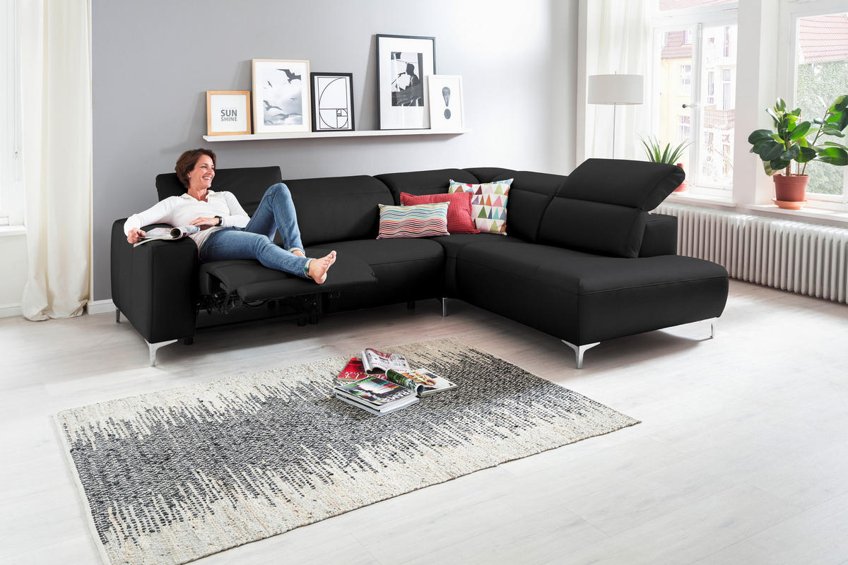 ECKSOFA in Echtleder Schwarz  - Chromfarben/Schwarz, Design, Leder/Metall (290/223cm) - Pure Home Lifestyle