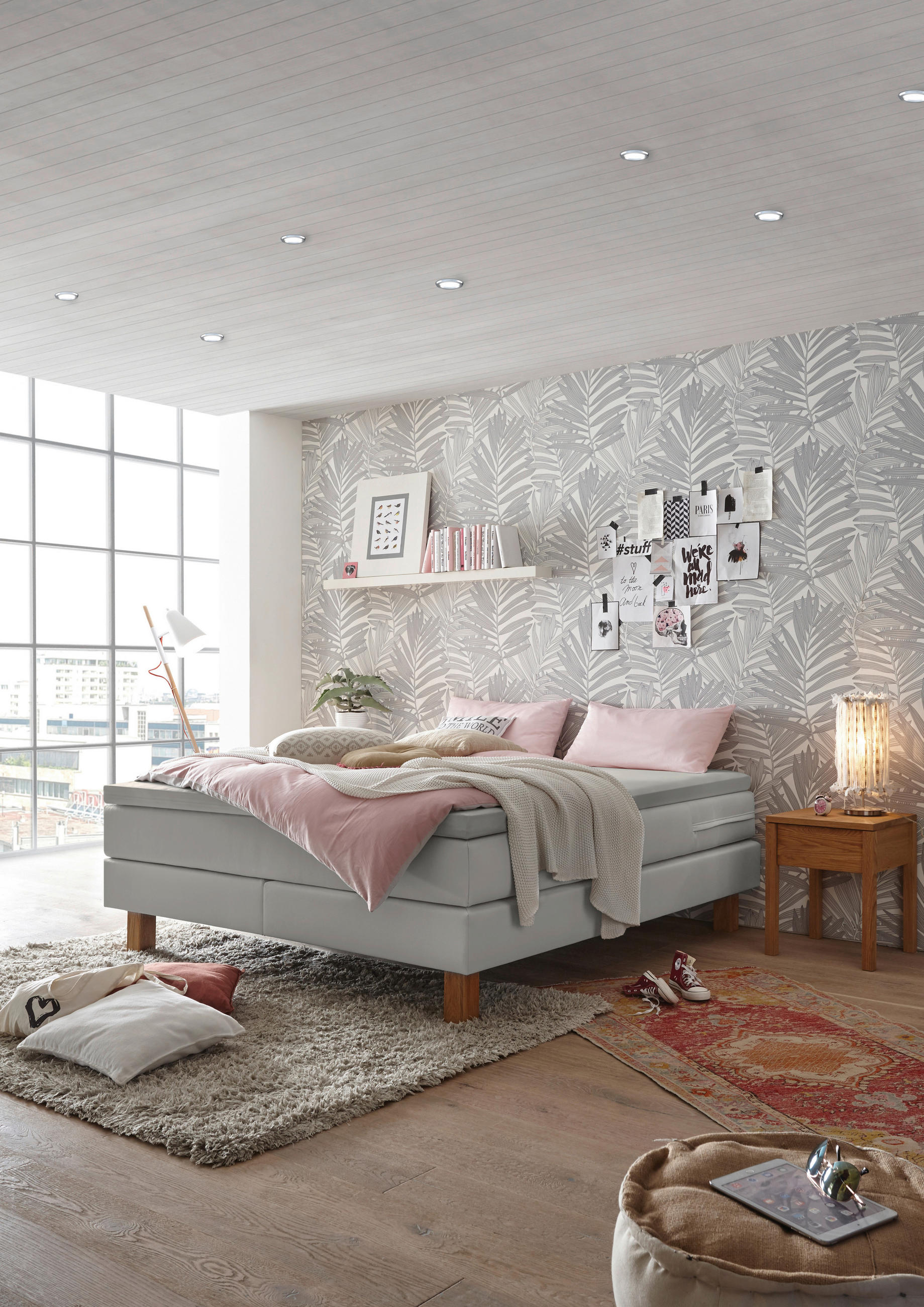 BOXSPRINGBETT 140/200 cm  in Grau, Eiche Bianco  - Eiche Bianco/Grau, KONVENTIONELL, Holz/Textil (140/200cm) - Hasena