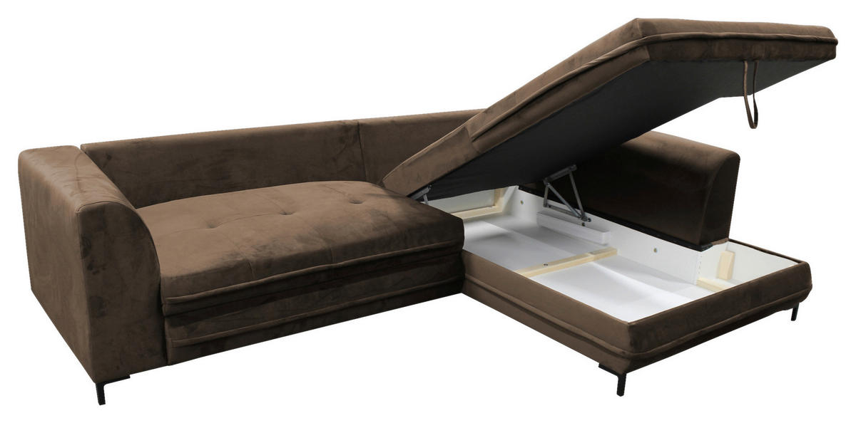 ECKSCHLAFSOFA Velours Braun  - Schwarz/Braun, Design, Textil/Metall (277/187cm) - Livetastic