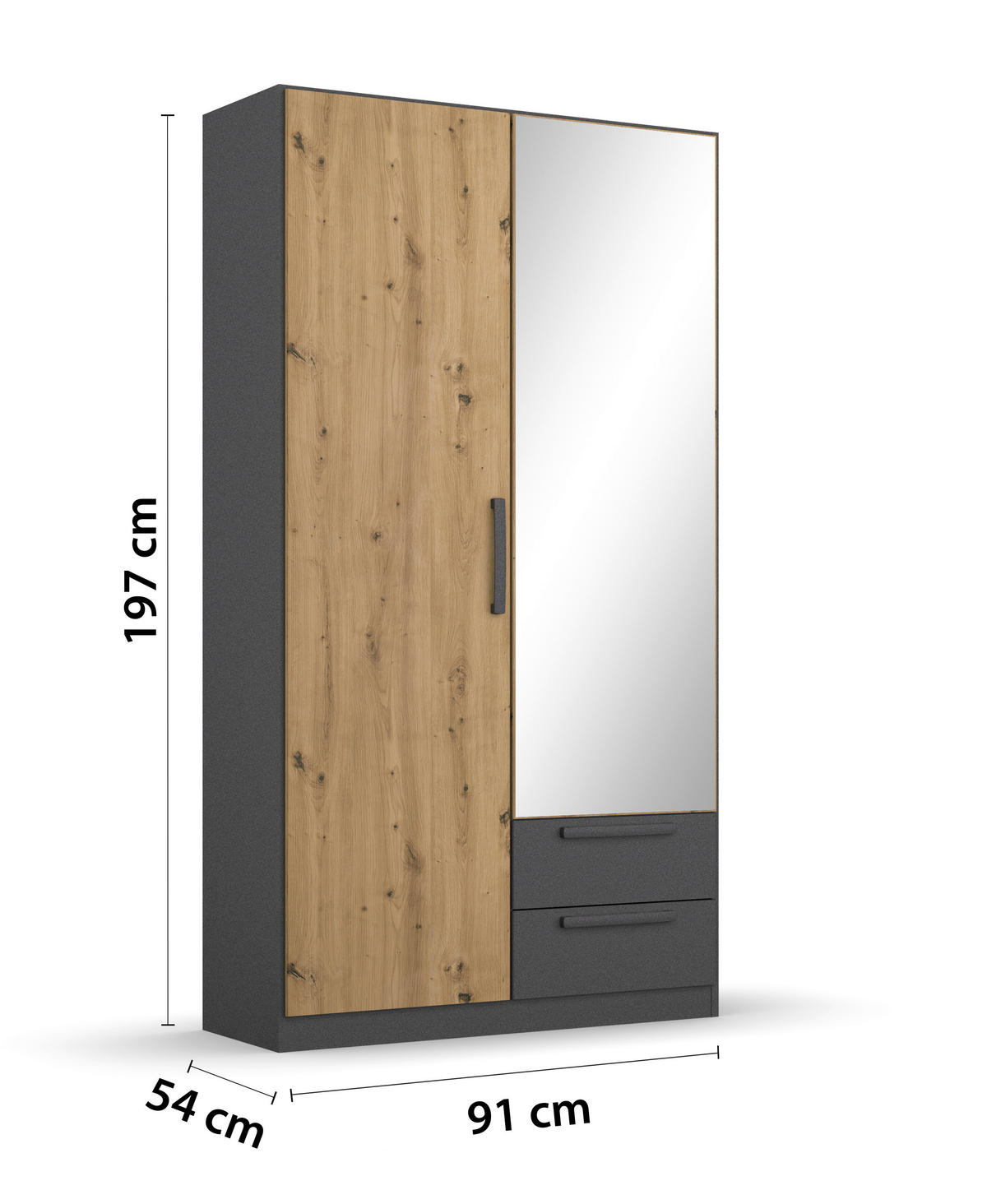 DREHTÜRENSCHRANK 91/197/54 cm,  in Grau, Eiche Artisan, 2-türig  - Eiche Artisan/Grau, MODERN, Holzwerkstoff/Kunststoff (91/197/54cm) - Rauch Möbel