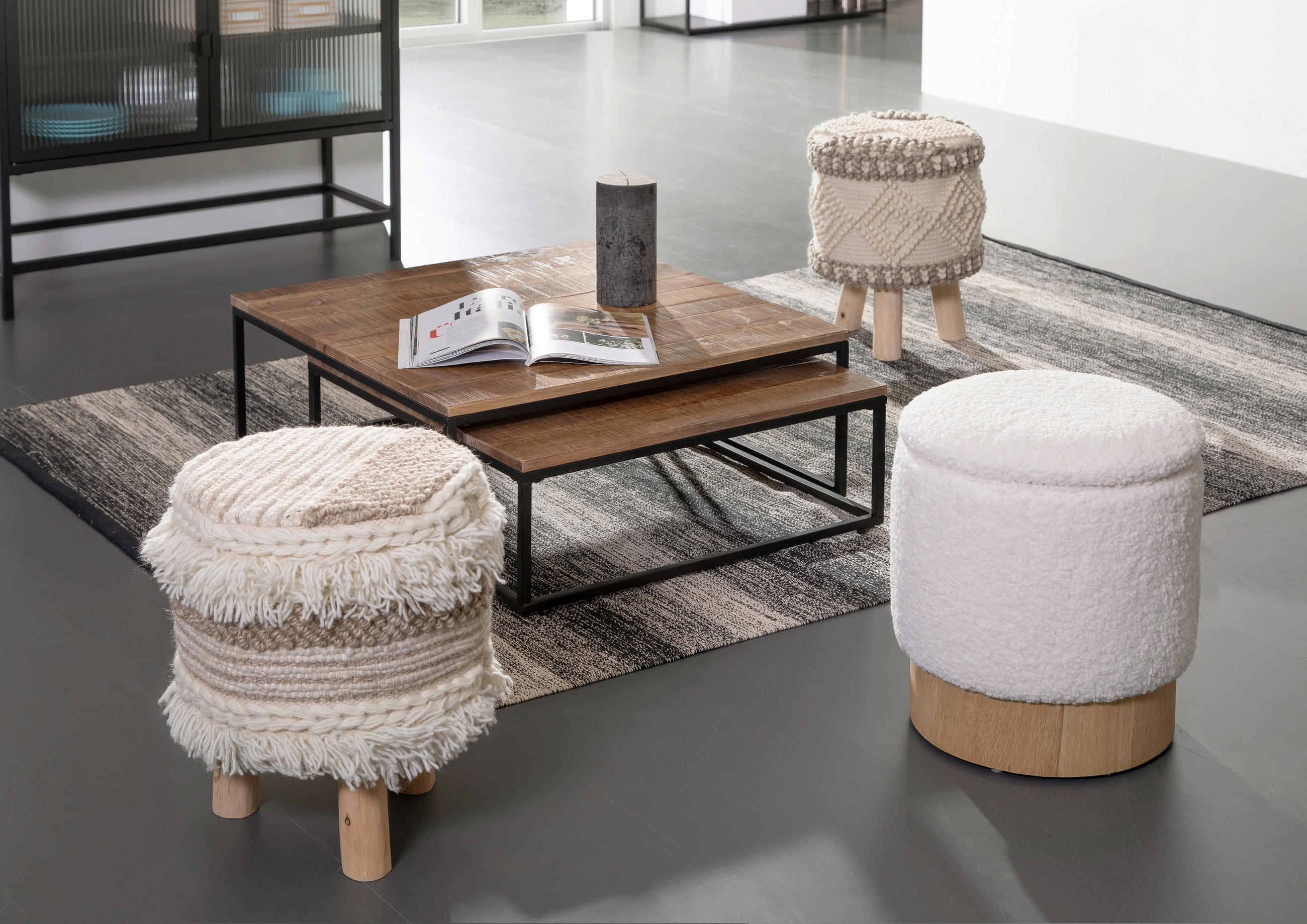 HOCKER Webstoff, Makramee Naturfarben, Weiß, Beige - Beige/Naturfarben, Basics, Holz/Textil (30/42cm) - Livetastic