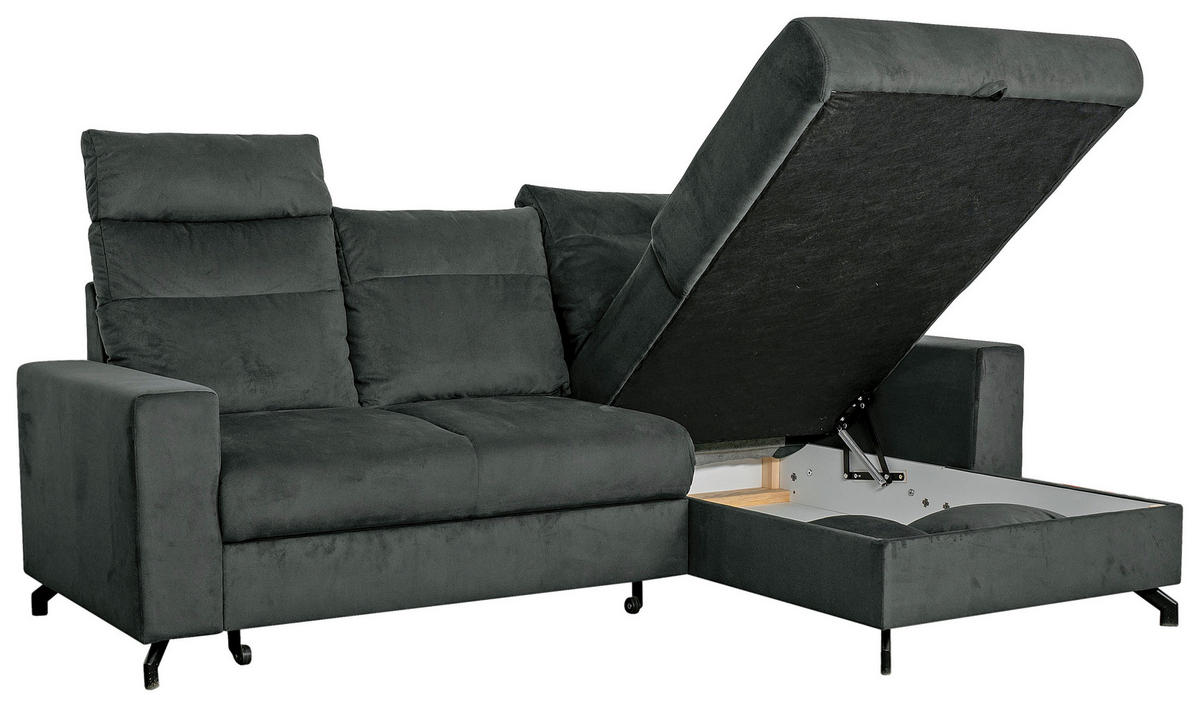 ECKSOFA in Velours Grau  - Schwarz/Grau, Design, Kunststoff/Textil (232/156cm) - Livetastic
