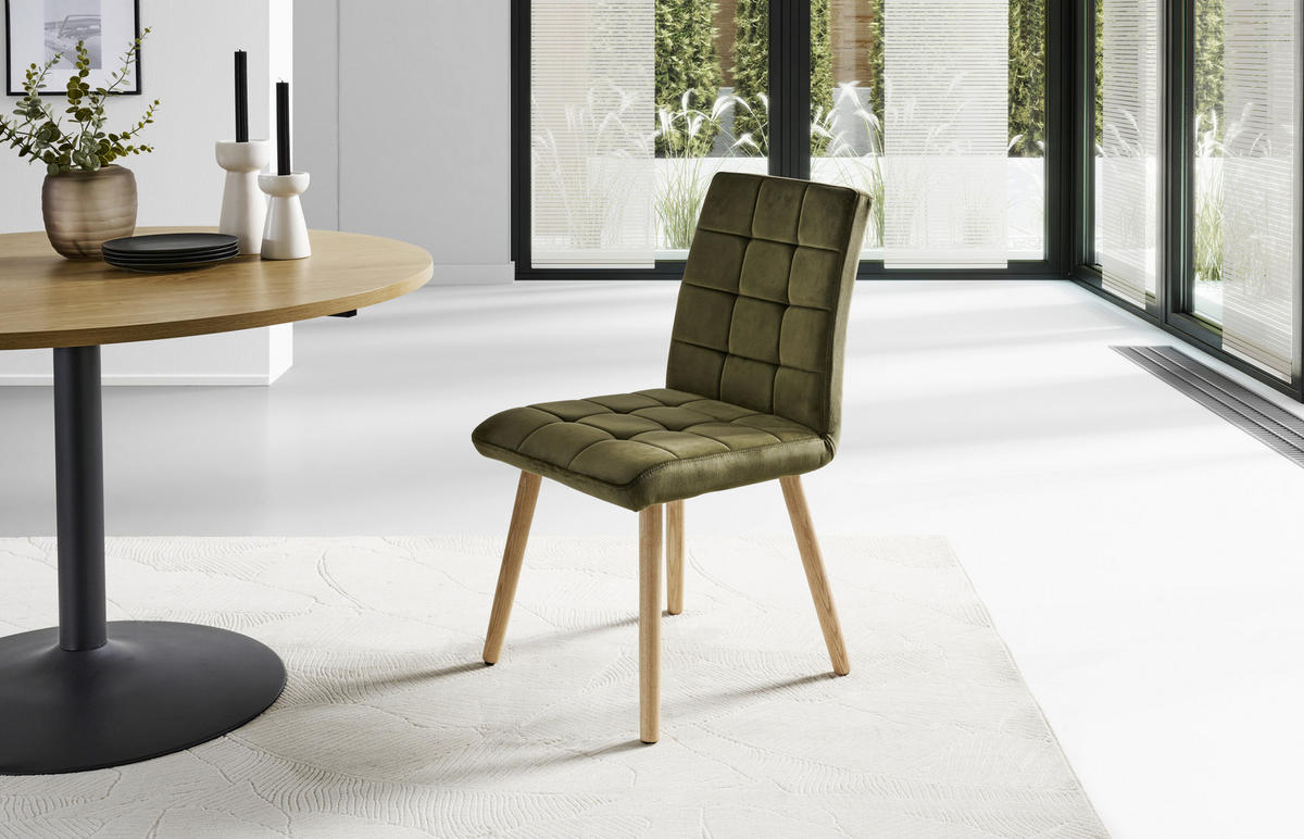 STUHL Samt Grün, Eichefarben Eiche vollmassiv  - Eichefarben/Grün, MODERN, Holz/Textil (47/89/61cm) - MID.YOU