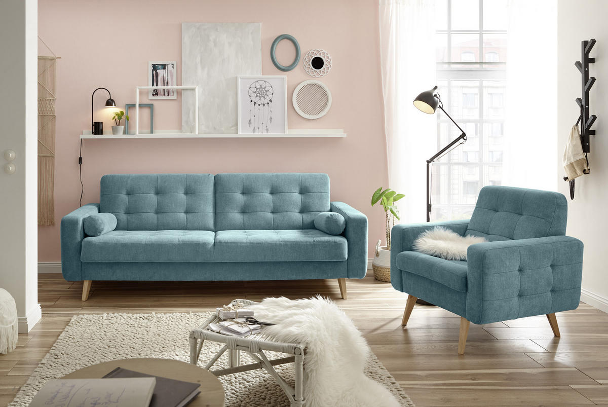 SCHLAFSOFA in Mikrovelours Grün  - Schlammfarben/Eichefarben, Modern, Holz/Holzwerkstoff (222/86/90cm) - MID.YOU