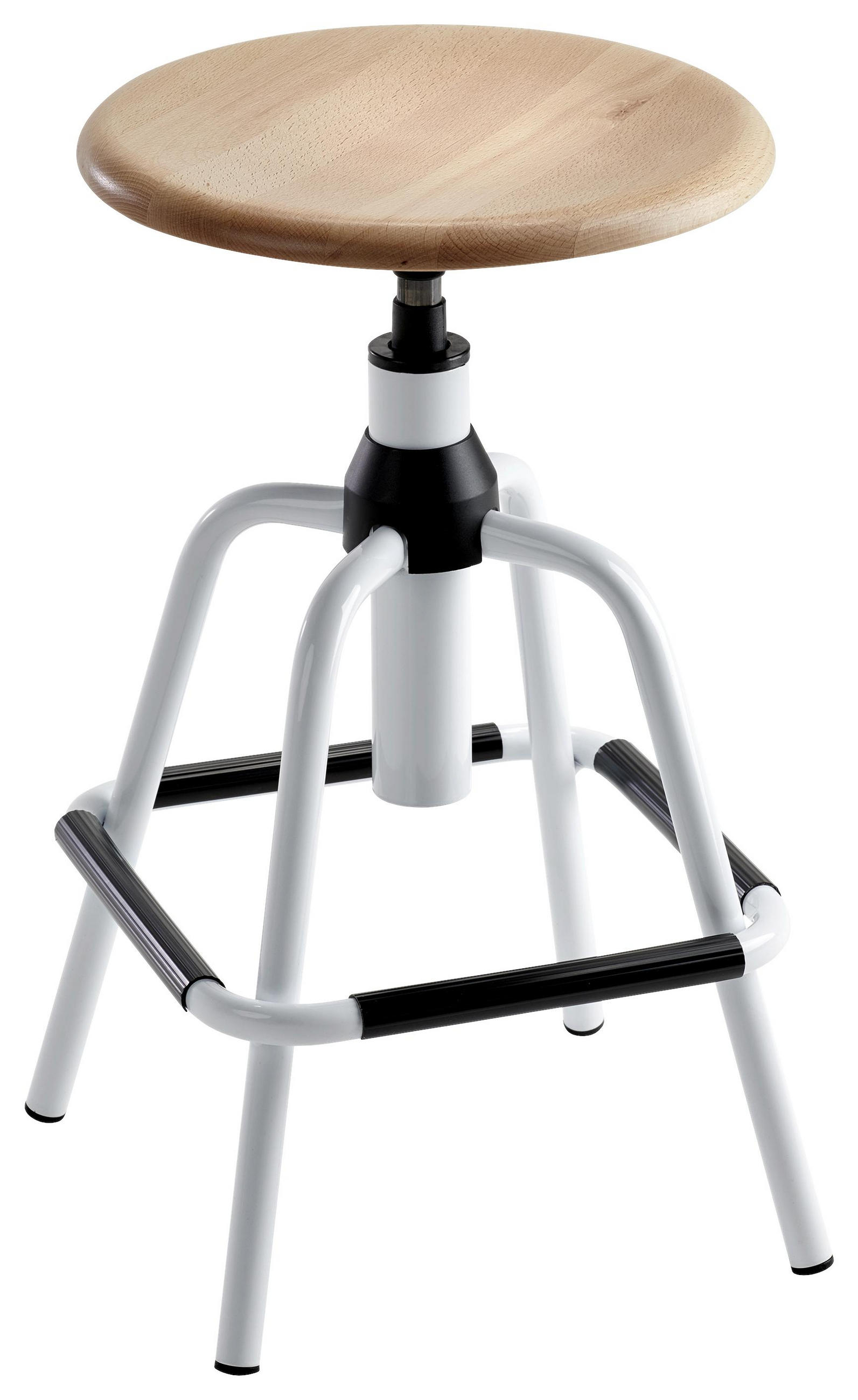 Drehhocker in Holz, Metall Schwarz, Weiß, Buchefarben
