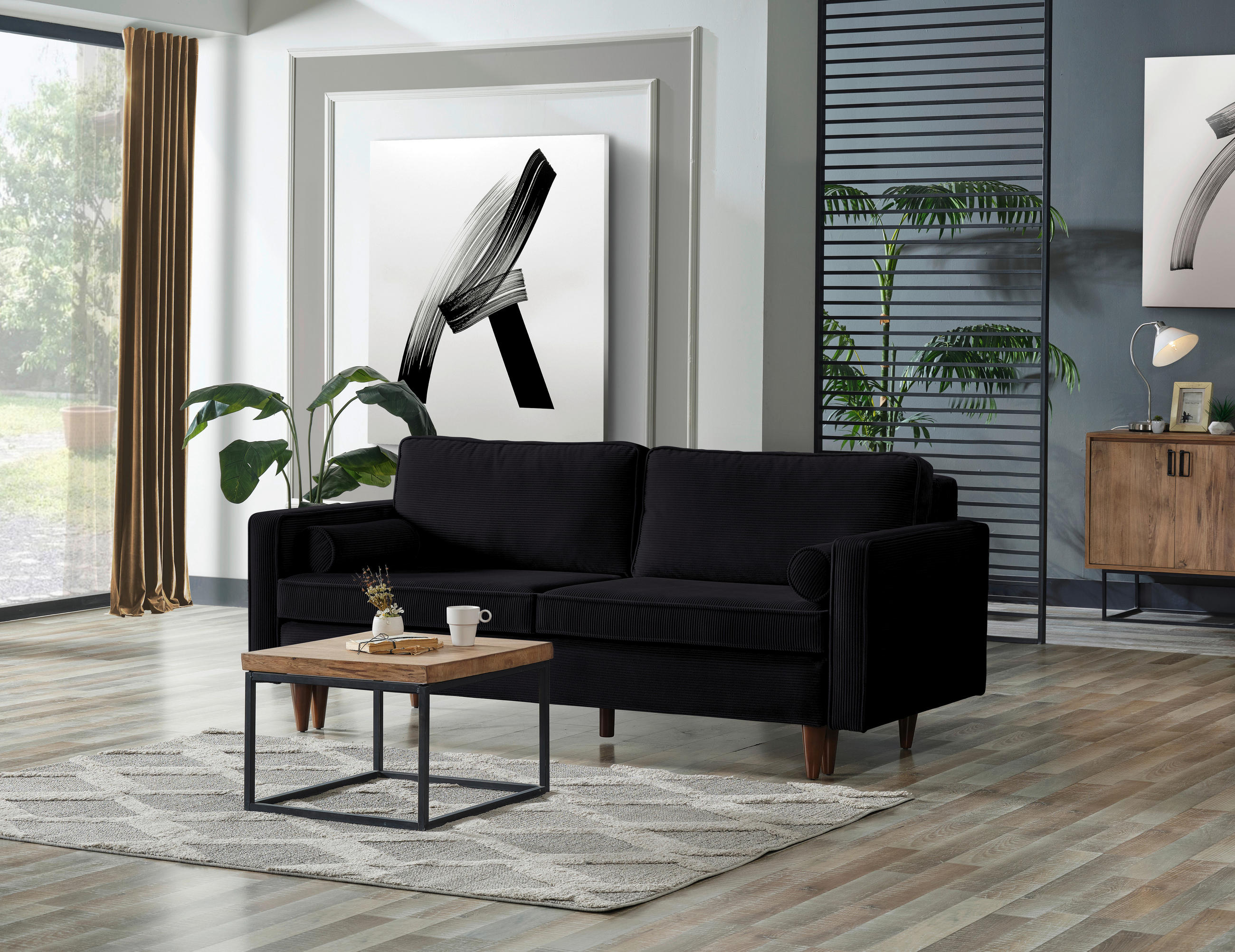 SCHLAFSOFA Cord Anthrazit  - Anthrazit/Buchefarben, MODERN, Holz/Textil (208/78/96cm) - Livetastic