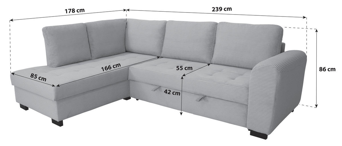 ECKSOFA JOHN Karamell Cord Rückenkissen, Bettkasten, Liegefläche im Originalstoff  - Karamell/Schwarz, Trend, Kunststoff/Textil (178/239cm) - P & B