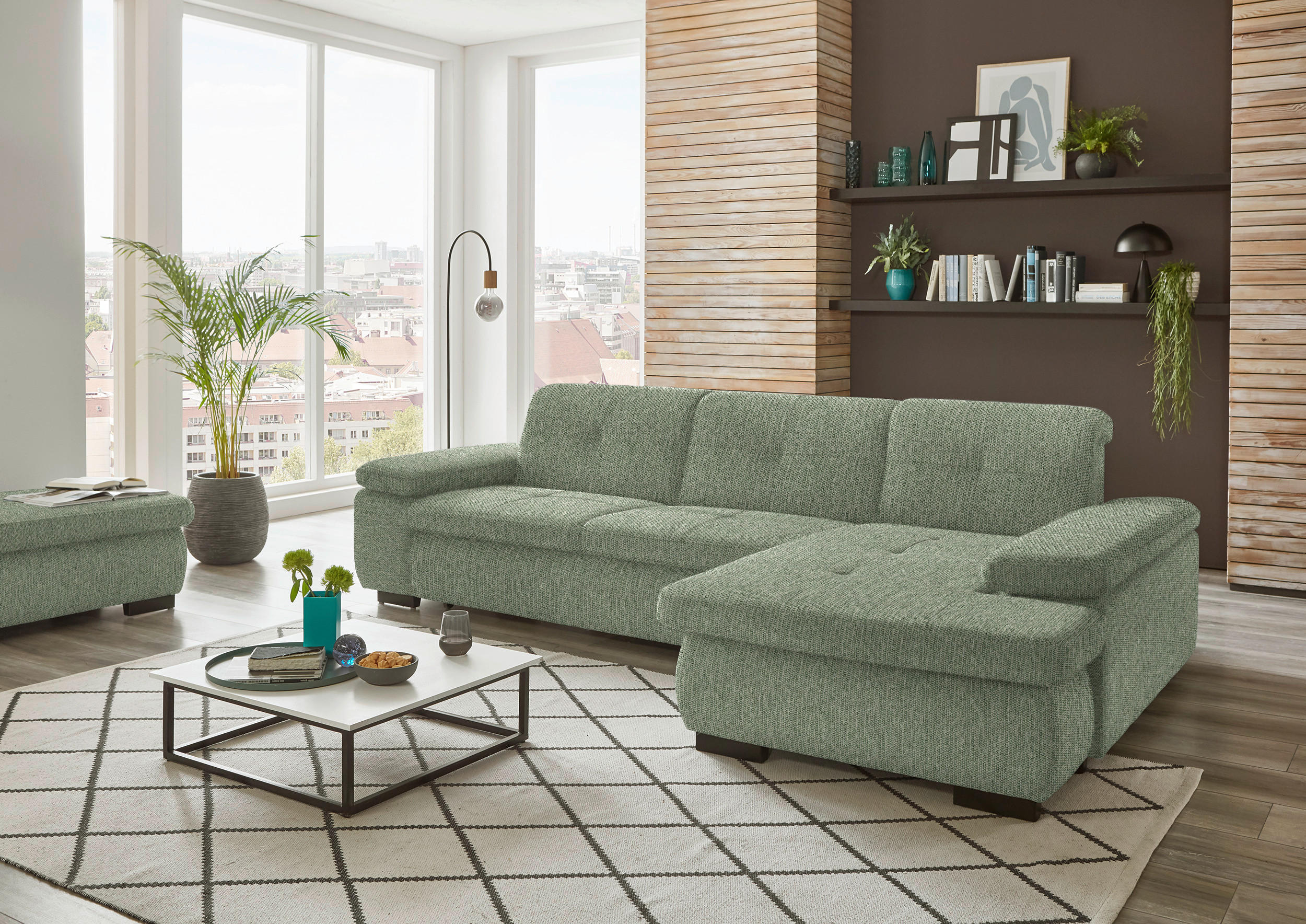 ECKSOFA in Flachgewebe Grün  - Schwarz/Grün, Design, Textil/Metall (297/174cm) - Beldomo Style