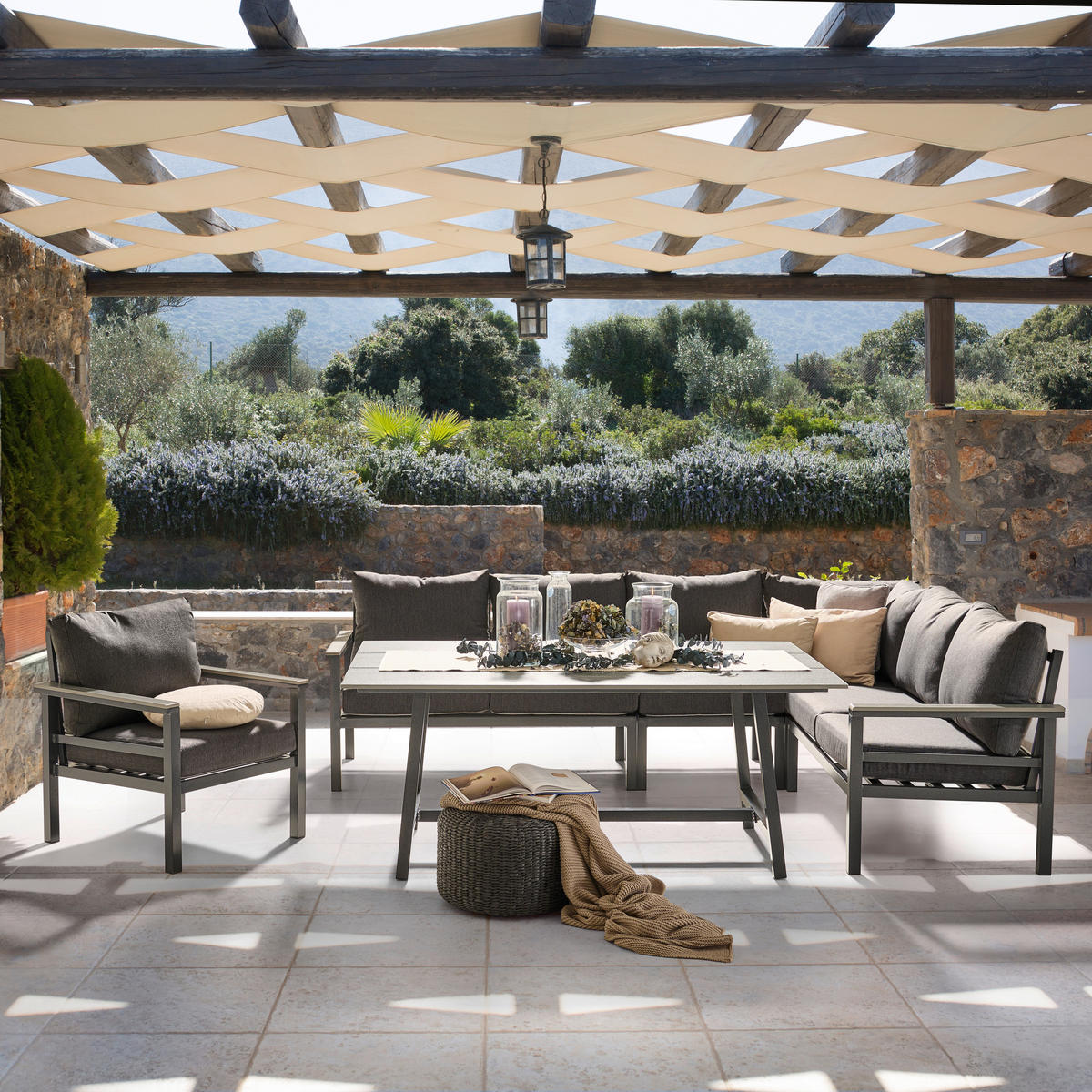 DINING-LOUNGESET 5-teilig  - Dunkelgrau/Hellgrau, Design, Kunststoff/Textil (259/199cm) - Amatio