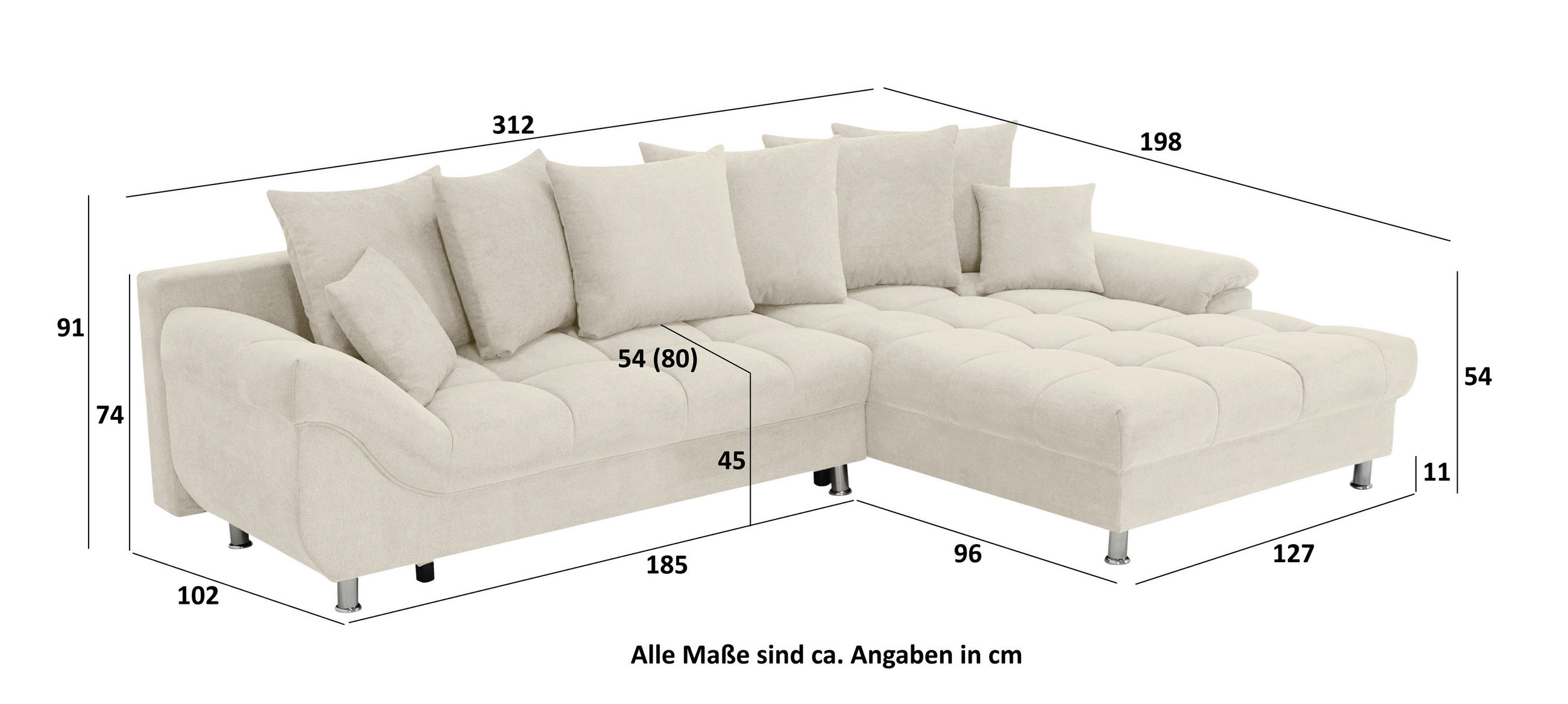 ECKSOFA ERICE Creme Flachgewebe, Mikrofaser  - Chromfarben/Creme, Design, Kunststoff/Textil (312/198cm) - Livetastic