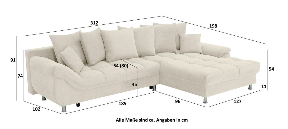 ECKSOFA in Flachgewebe, Mikrofaser Taupe  - Taupe/Chromfarben, Design, Kunststoff/Textil (312/198cm) - Livetastic