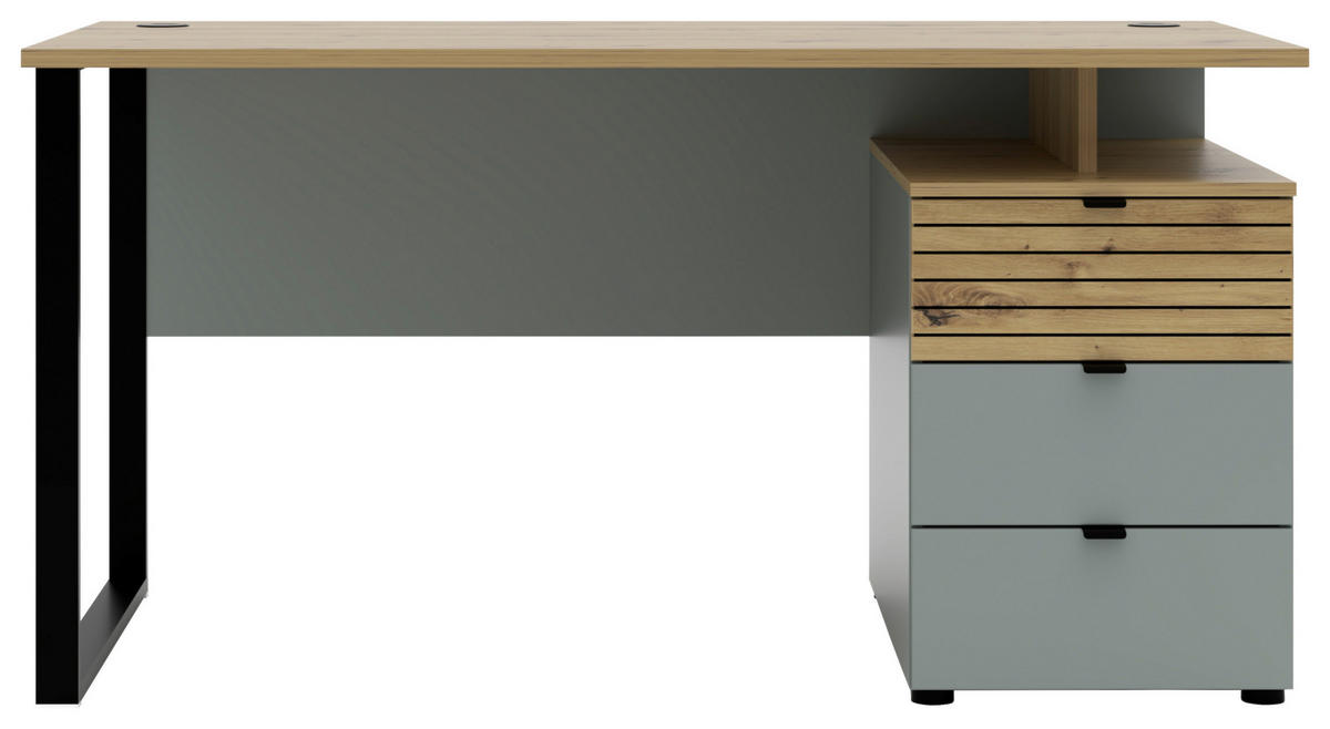 SCHREIBTISCH 150/77/73 cm Schwarz, Eiche Artisan, Schilfgrün  - Schilfgrün/Schwarz, KONVENTIONELL, Holzwerkstoff/Metall (150/77/73cm) - Voleo