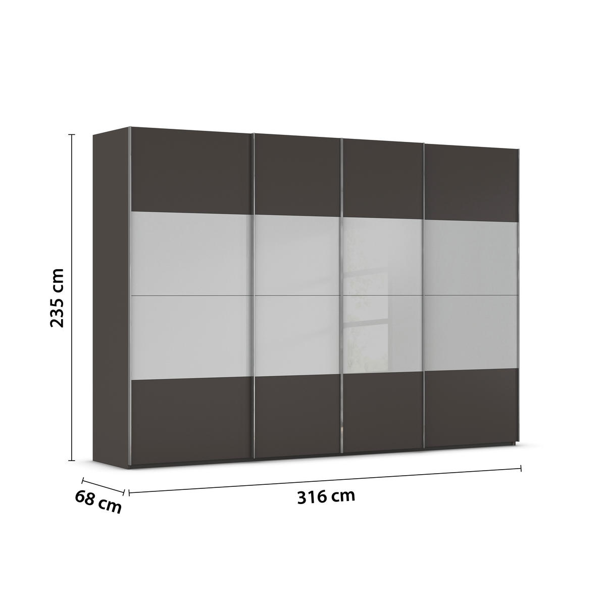 SCHWEBETÜRENSCHRANK 316/235/68 cm 4-türig Graphitfarben, Grau  - Chromfarben/Graphitfarben, KONVENTIONELL, Glas/Holzwerkstoff (316/235/68cm) - Novel