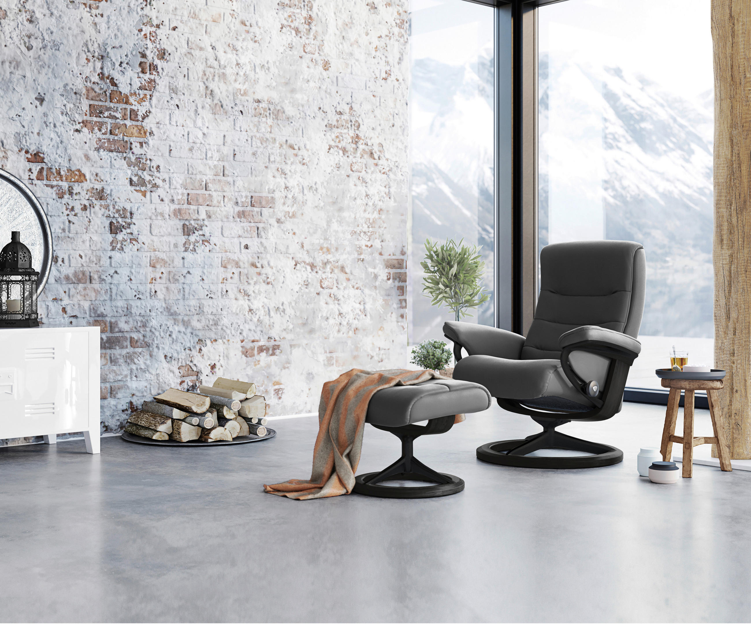 RELAXSESSELSET Echtleder Relaxfunktion, Hocker    - Dunkelgrau/Schwarz, Natur, Leder/Holz (84/102/76cm) - Stressless