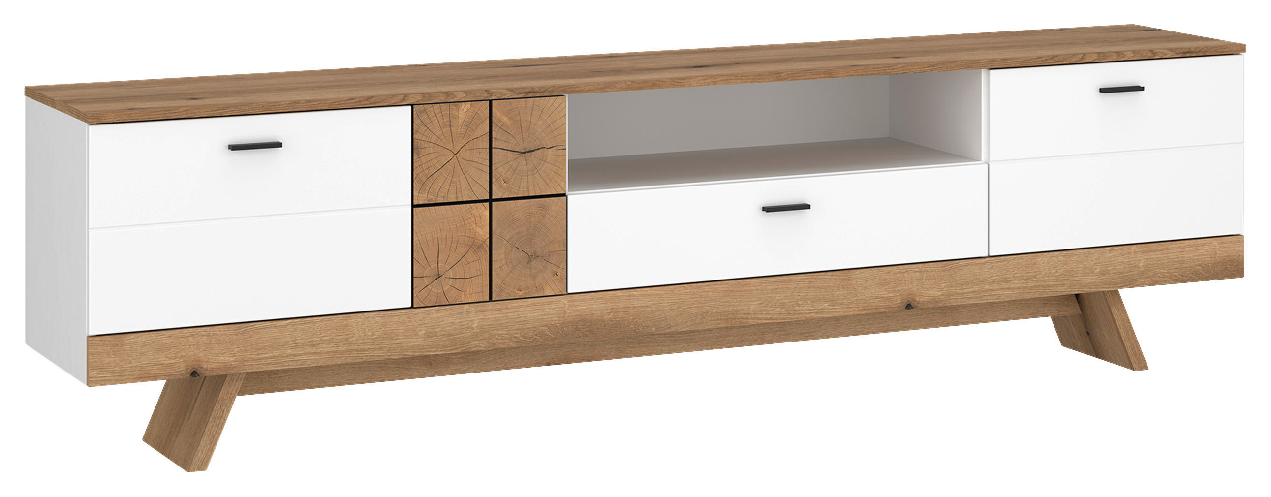 TV-Element Oreta B: 216 cm Weiß Hochglanz/Eichefarben