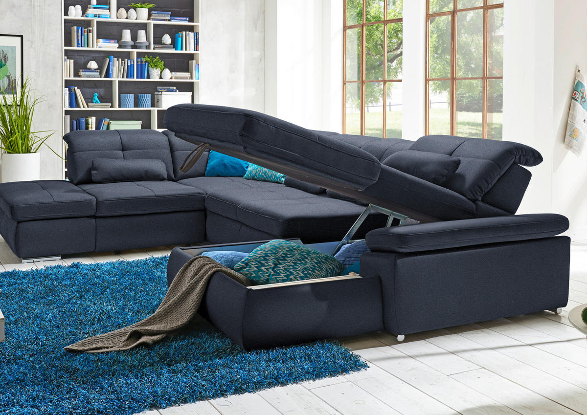 WOHNLANDSCHAFT  in Mikrofaser Blau  - Chromfarben/Blau, Design, Holzwerkstoff/Textil (260/371/195cm) - Beldomo Style