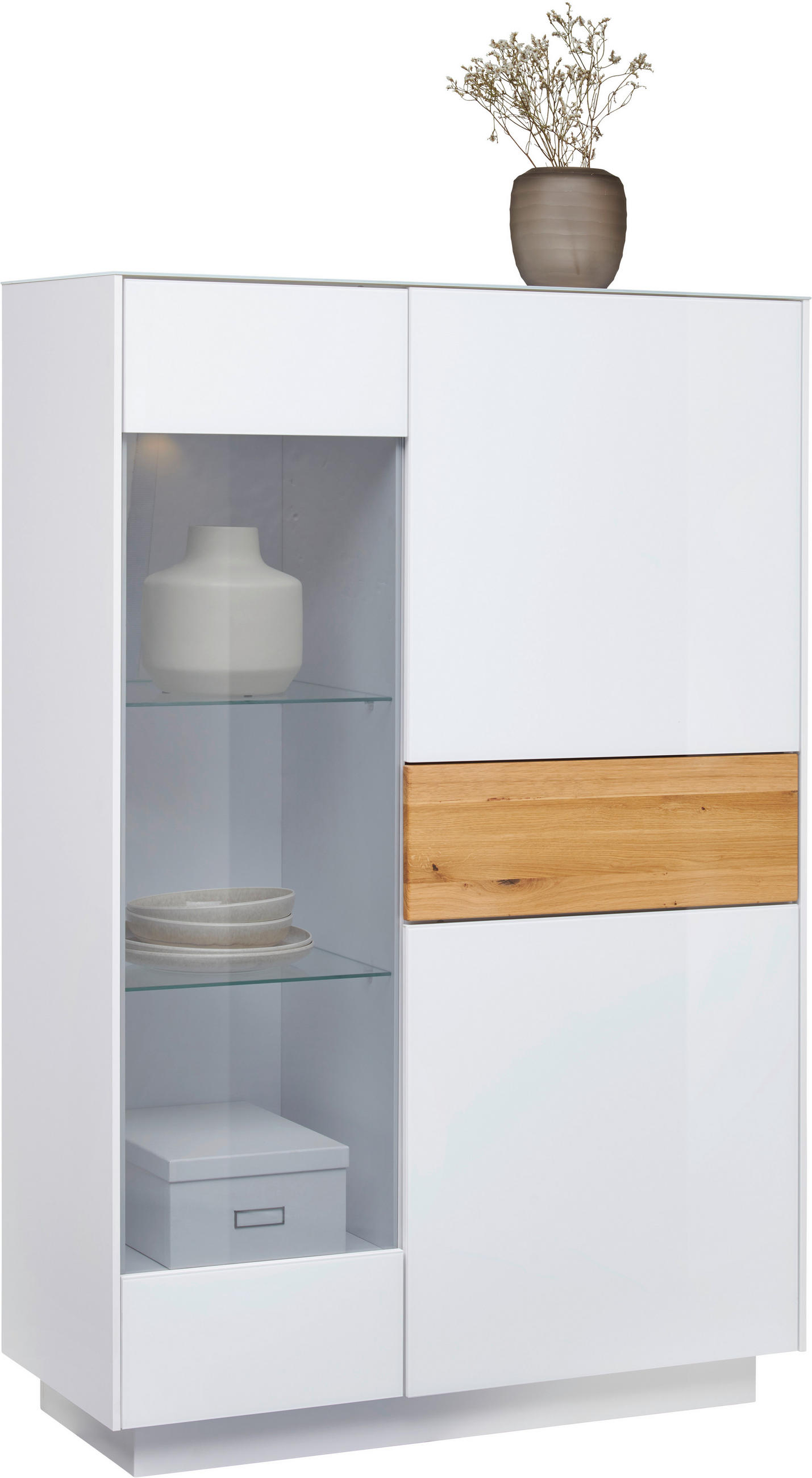 Comodă Înaltă 101/150/42 cm  - alb/culoare lemn stejar, Design, sticlă/lemn (101/150/42cm) - Novel