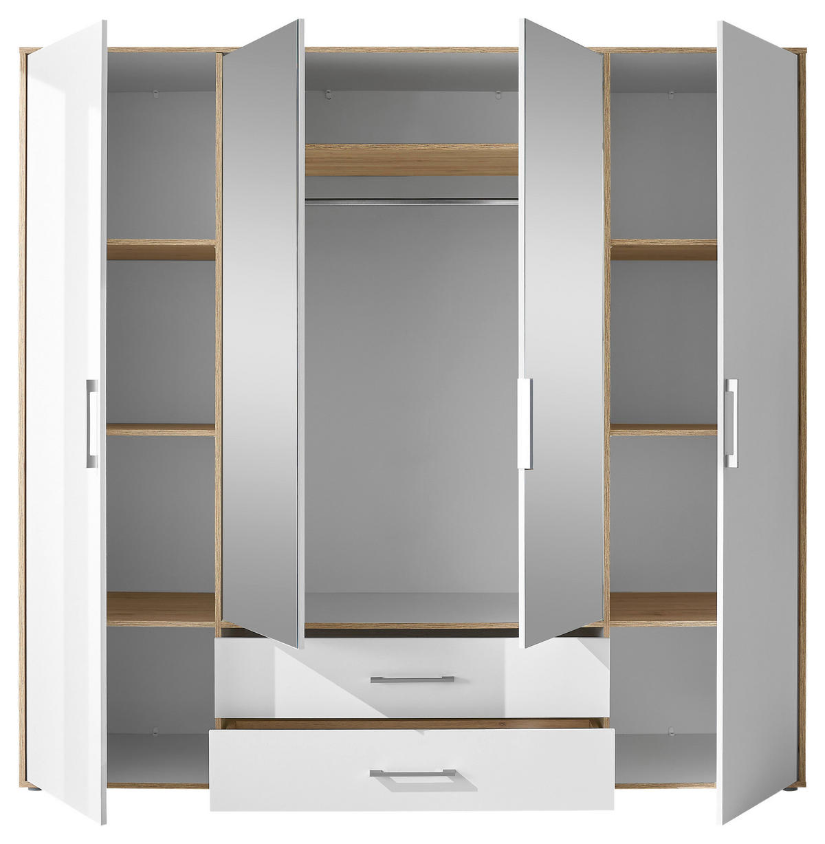 KLEIDERSCHRANK 206/195/60 cm 4-türig Weiß, Eiche Artisan  - Alufarben/Weiß, Basics, Glas/Holzwerkstoff (206/195/60cm)