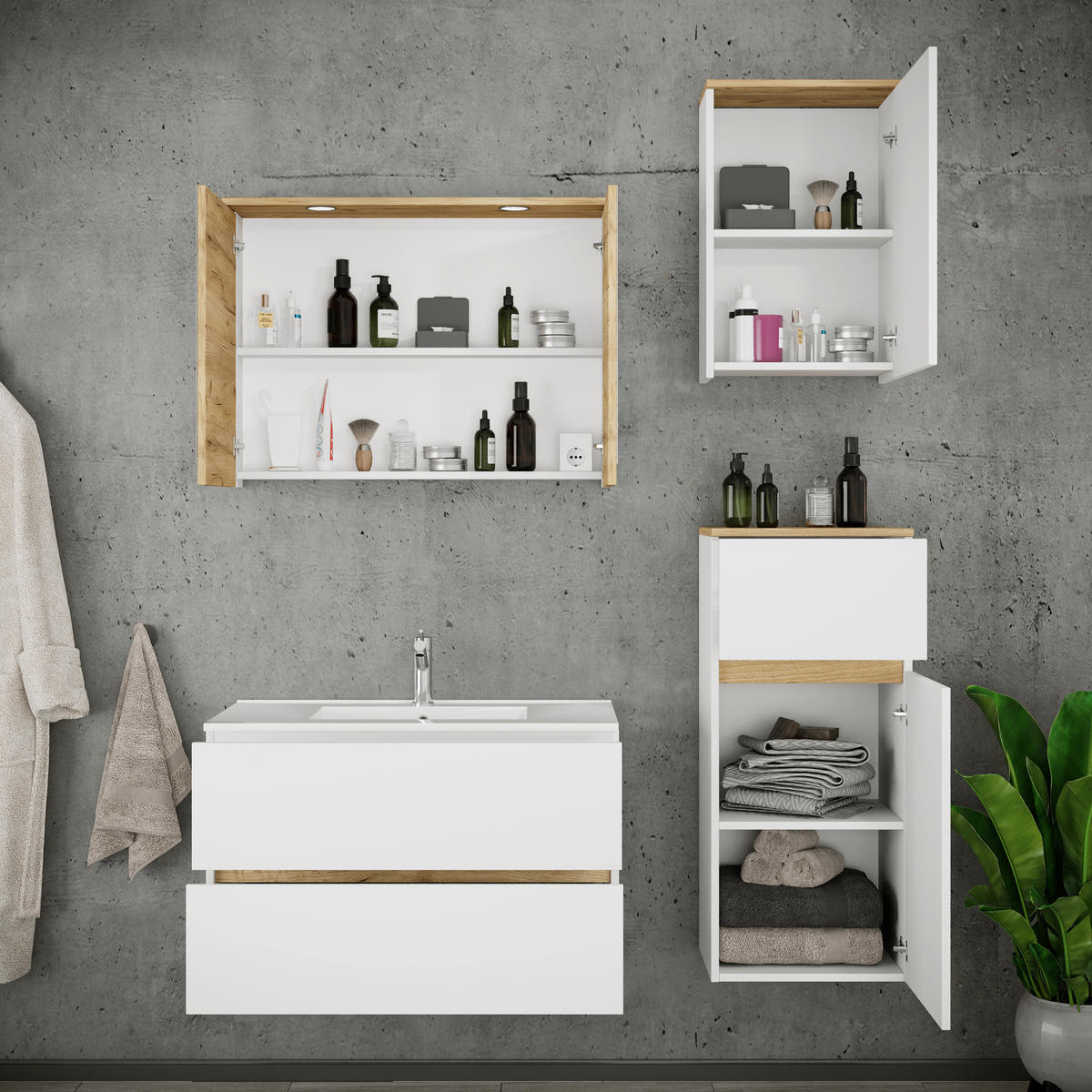 BADEZIMMER 5-teilig  in 121 cm  - Honigeiche/Weiß, Trend, Keramik/Holzwerkstoff (121cm) - MID.YOU