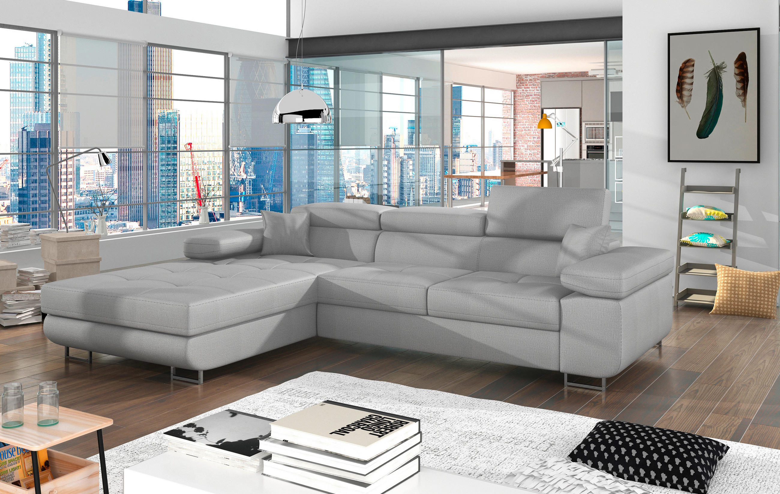 ECKSOFA in Samt Hellgrau  203/289 cm  - Chromfarben/Hellgrau, Design, Textil/Metall (203/289cm) - MID.YOU