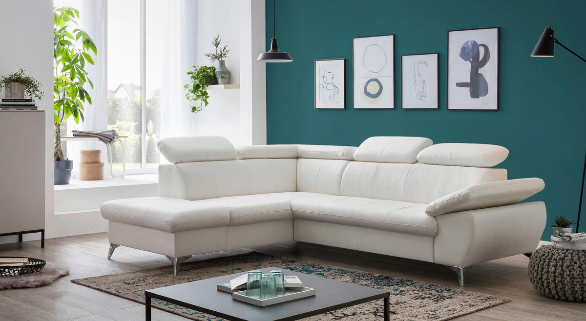 ECKSOFA Weiß Lederlook  - Chromfarben/Weiß, KONVENTIONELL, Textil/Metall (209/256cm) - Livetastic