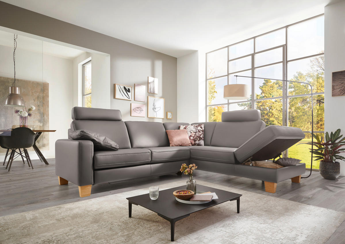 ECKSOFA in Echtleder Hellgrau  - Eiche Bianco/Hellgrau, Konventionell, Leder/Holz (257/235cm) - Valdera