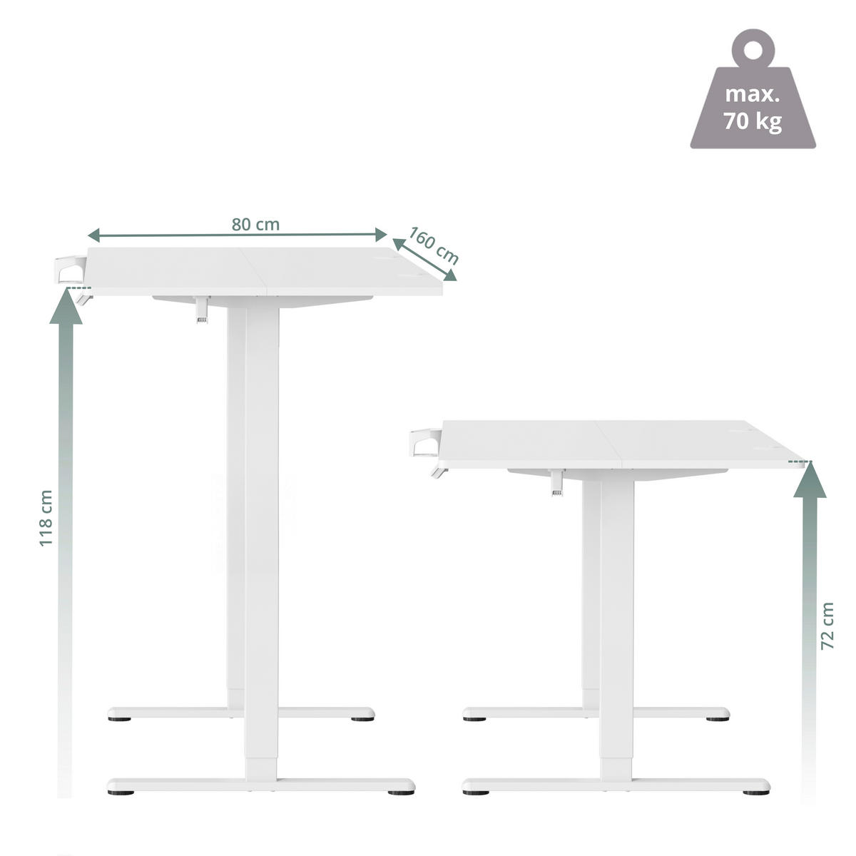 SCHREIBTISCH 160/80/72-118 cm Weiß elektrisch höhenverstellbar  - Weiß, MODERN, Holzwerkstoff/Metall (160/80/72-118cm) - MID.YOU