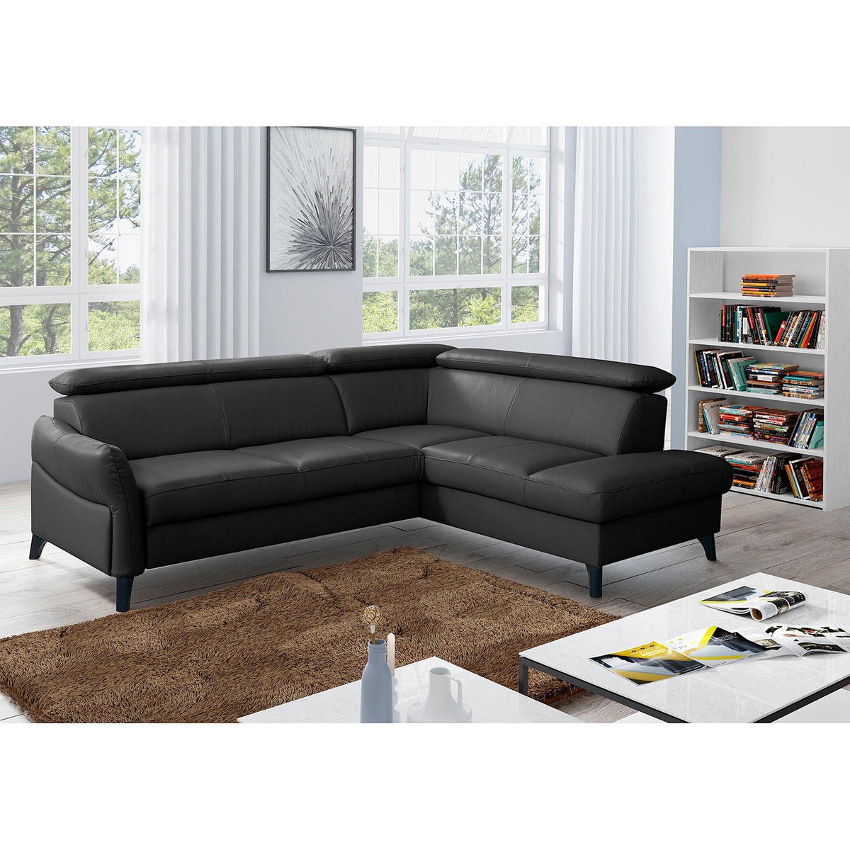 ECKSOFA Schwarz Echtleder Lederlook  - Schwarz, Design, Leder/Holz (244/199cm) - Livetastic