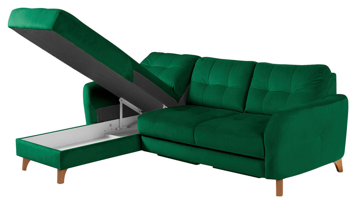 ECKSOFA Dunkelgrün Samt Bettkasten, Schlaffunktion, Liegefläche im Originalstoff  - Dunkelgrün/Buchefarben, Design, Holz/Textil (168/238cm) - Livetastic