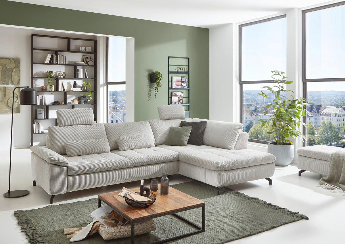 ECKSOFA in Cord, Velours Ecru  - Ecru/Schwarz, Design, Textil/Metall (197/291cm) - Beldomo Style