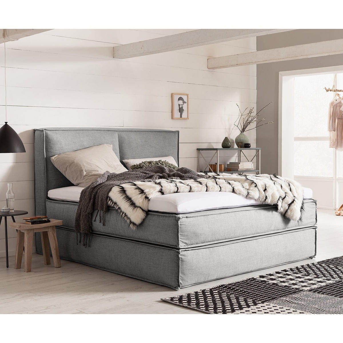 BOXSPRINGBETT 160/200 cm  in Hellgrau  - Hellgrau/Schwarz, Design, Textil (160/200cm) - home24