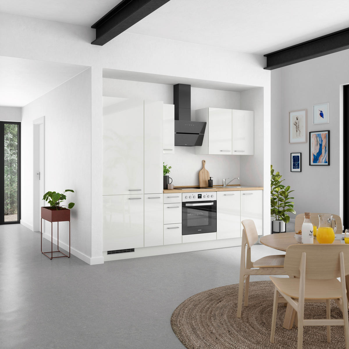 KÜCHENLEERBLOCK 270 cm   in Eichefarben, Weiß Hochglanz  - Edelstahlfarben/Eichefarben, MODERN, Holzwerkstoff/Metall (270cm) - Nobilia