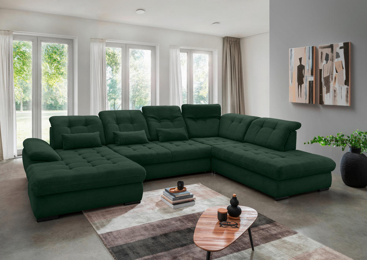 WOHNLANDSCHAFT in Cord Dunkelgrün  - Dunkelgrün/Schwarz, Modern, Textil/Metall (184/387/252cm) - Livetastic