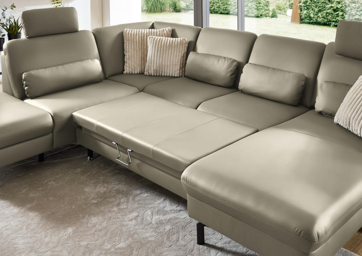 WOHNLANDSCHAFT Echtleder Ecru  - Ecru/Schwarz, Konventionell, Leder/Metall (224/306/168cm) - Beldomo Premium