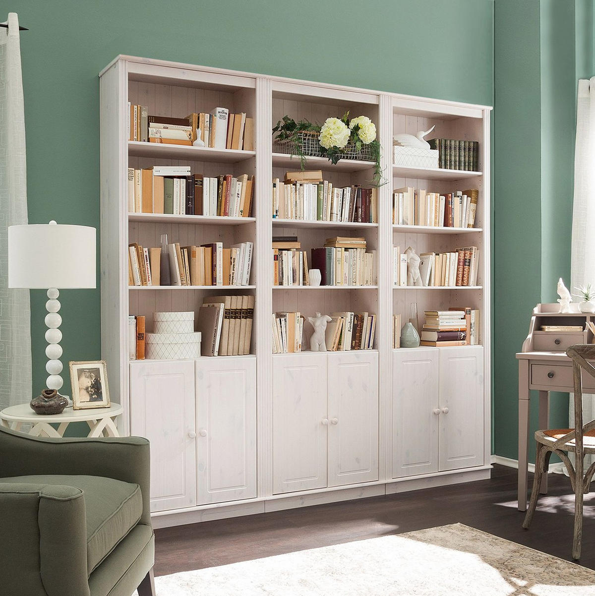 KNIHOVNA, bílá, barvy borovice, borovice, 223/222/34 cm - barvy borovice/bílá, Design, dřevo (223/222/34cm) - MID.YOU