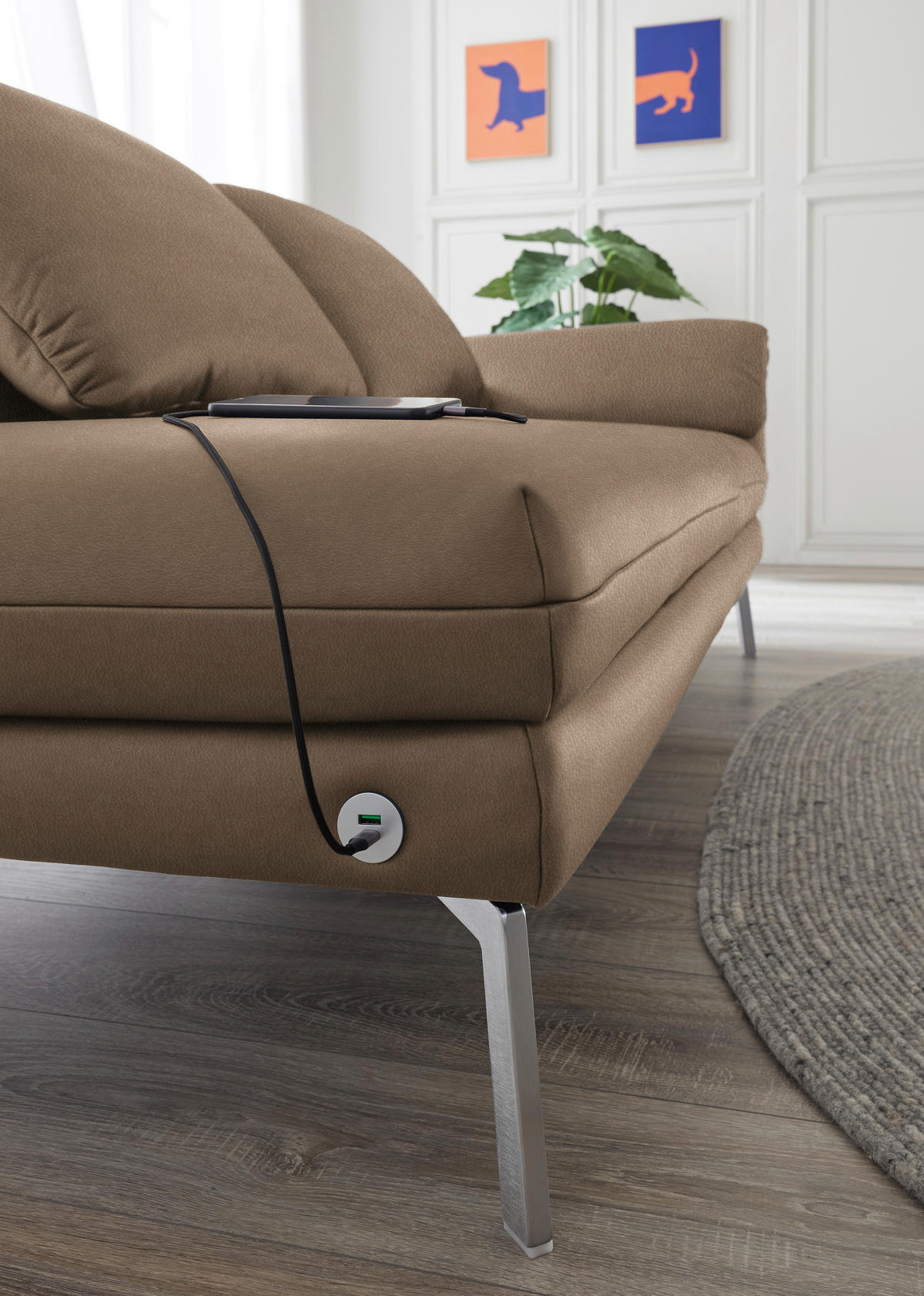 RÉCAMIERE in Echtleder Hellbraun  - Chromfarben/Hellbraun, Design, Leder/Metall (209/85-109/95-16cm) - Dieter Knoll