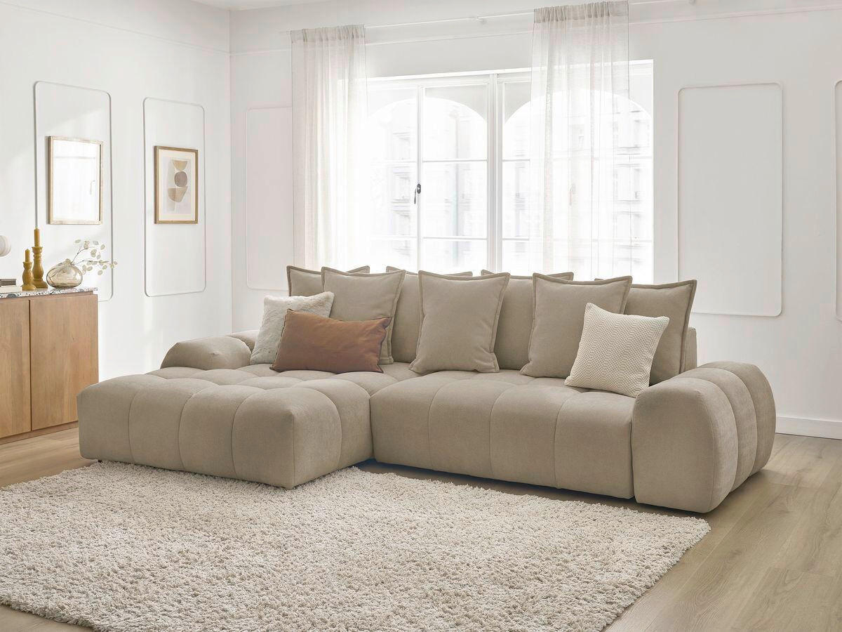 ECKSCHLAFSOFA EVEREST  mit Rücken echt, Armteil links, Armteil rechts Struktur Taupe  - Taupe/Schwarz, MODERN, Kunststoff/Textil (180/318cm) - Livetastic