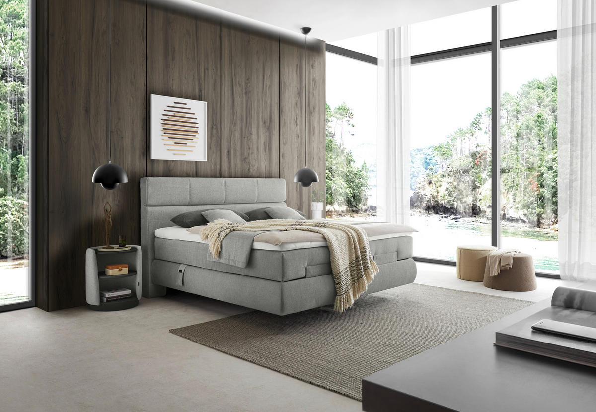 BOXSPRINGBETT 180/200 cm,  in Hellgrau, motorische Verstellbarkeit, Matratzen, unterschiedliche Matratzenhärtegrade je Bettseite, H2 + H3 = mittel + fest  - Hellgrau/Schwarz, Design, Kunststoff/Textil (180/200cm) - Dieter Knoll