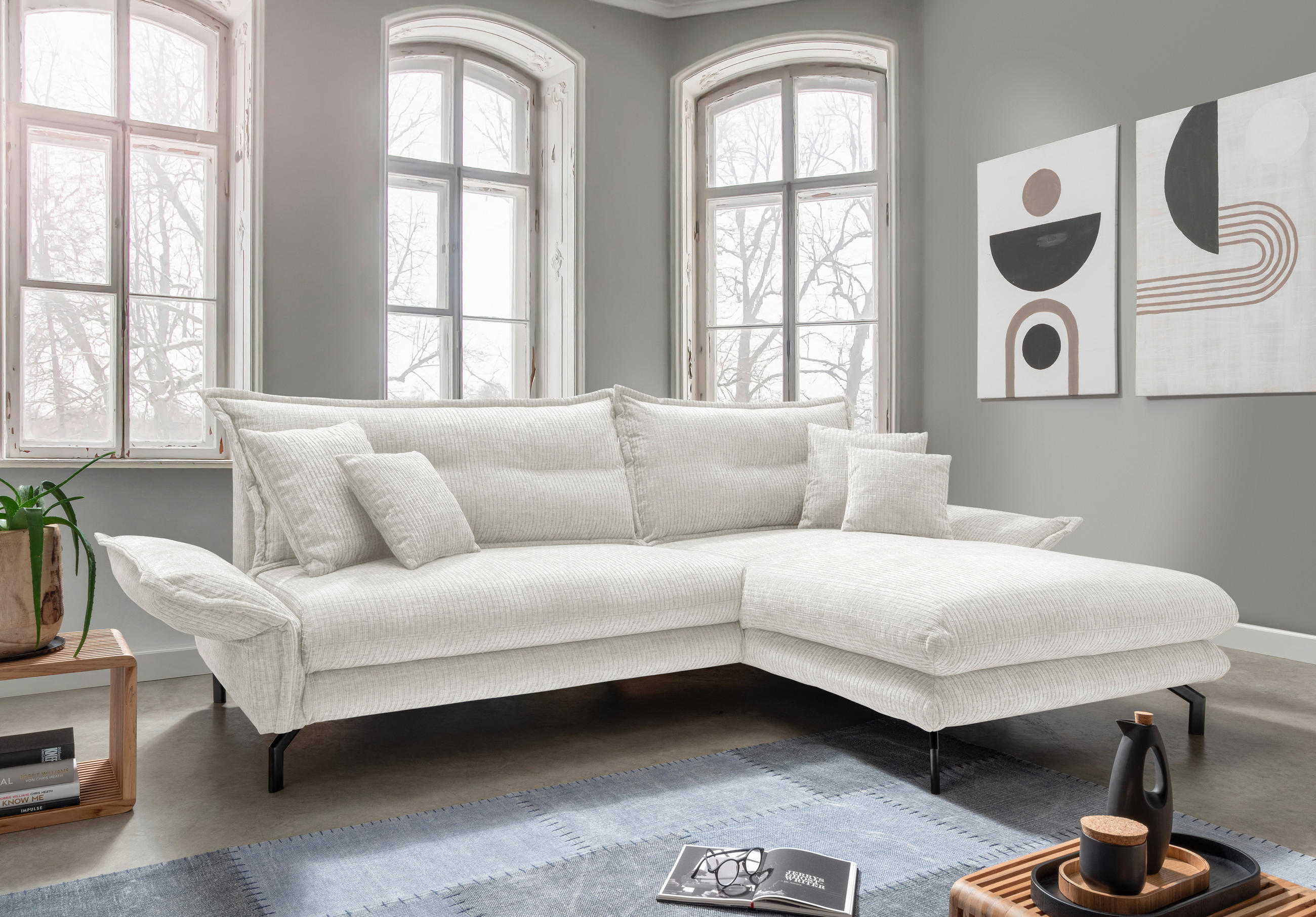 ECKSOFA in Velours Creme  - Creme/Schwarz, Design, Textil/Metall (255/180cm) - Livetastic