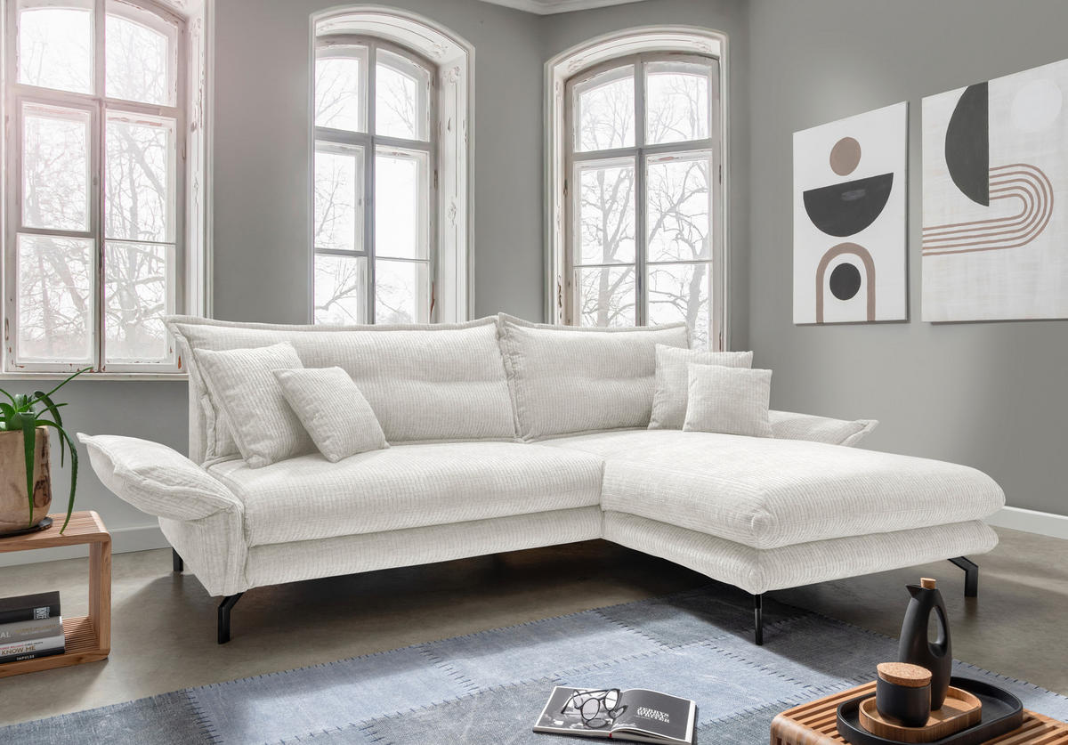 ECKSOFA Creme Velours  - Creme/Schwarz, Design, Textil/Metall (255/180cm) - Livetastic