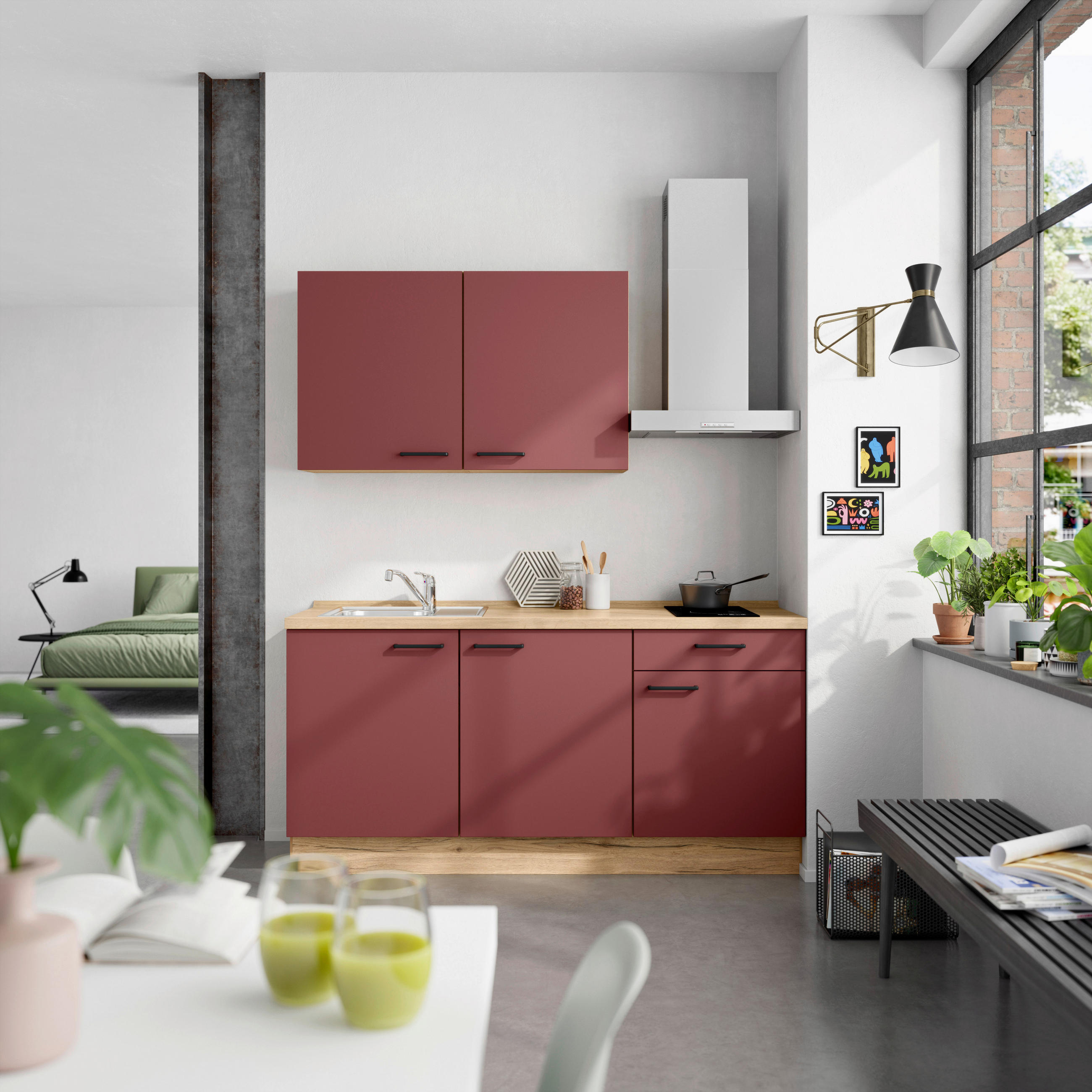 KÜCHENLEERBLOCK 180 cm   in Rot, Eichefarben  - Eichefarben/Rot, MODERN, Holzwerkstoff/Metall (180cm) - Nobilia