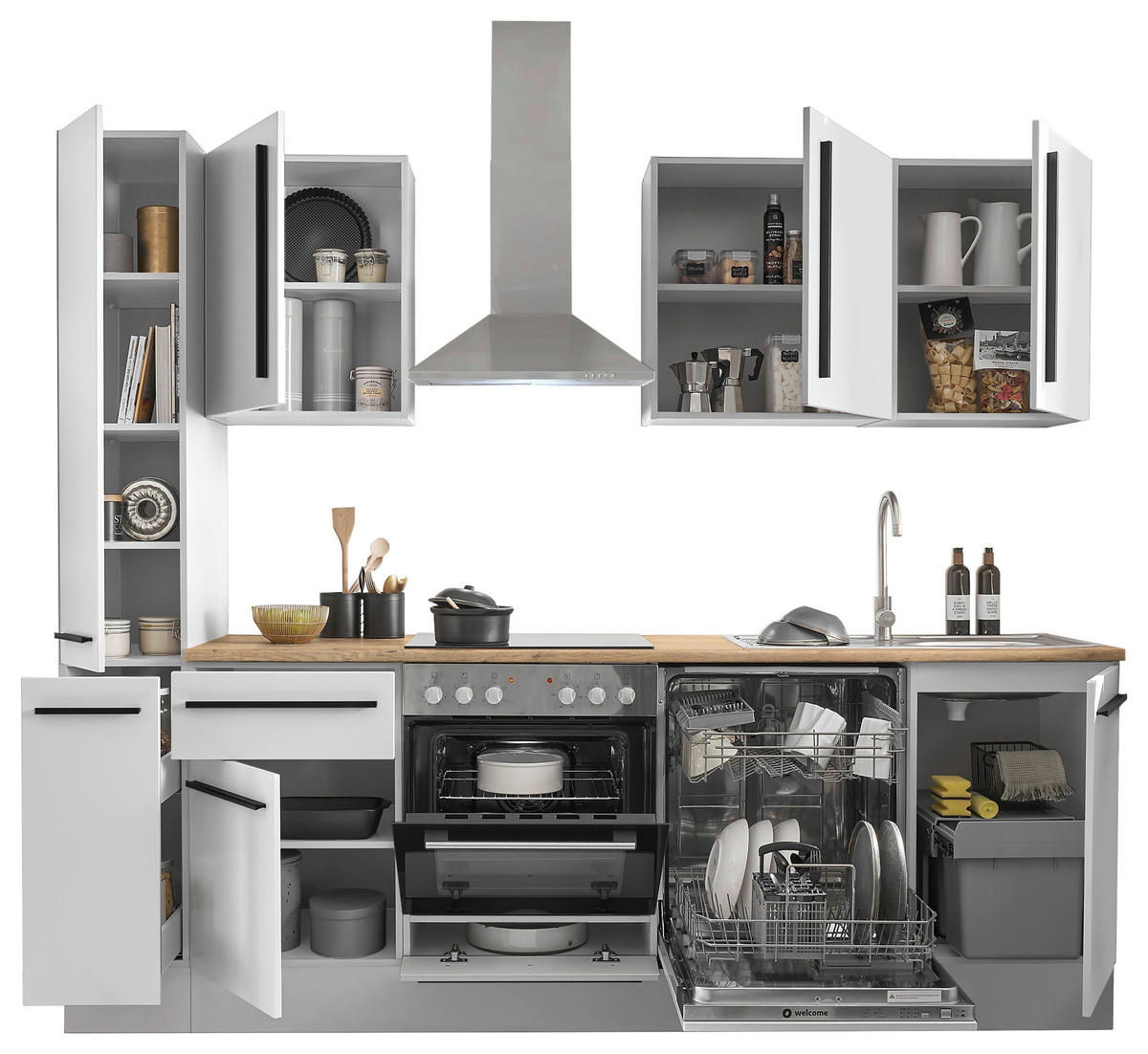 KÜCHENBLOCK 250 cm   in Weiß  - Eichefarben/Schwarz, Design, Holzwerkstoff/Kunststoff (250cm) - MID.YOU