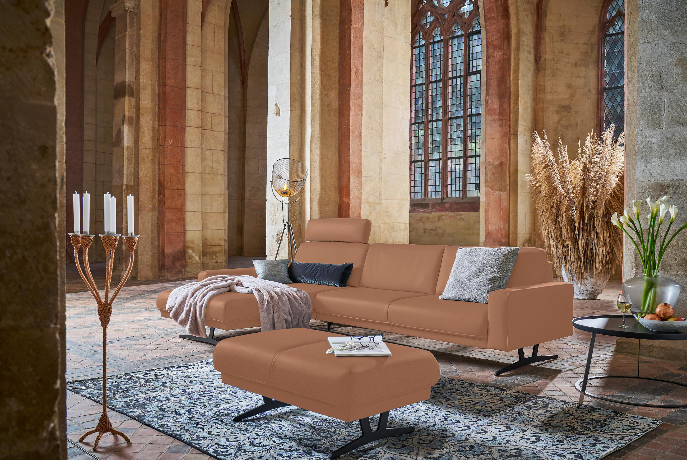 ECKSOFA in Echtleder Hellbraun  - Hellbraun/Anthrazit, Konventionell, Leder/Metall (179/324cm) - Johann Jakob