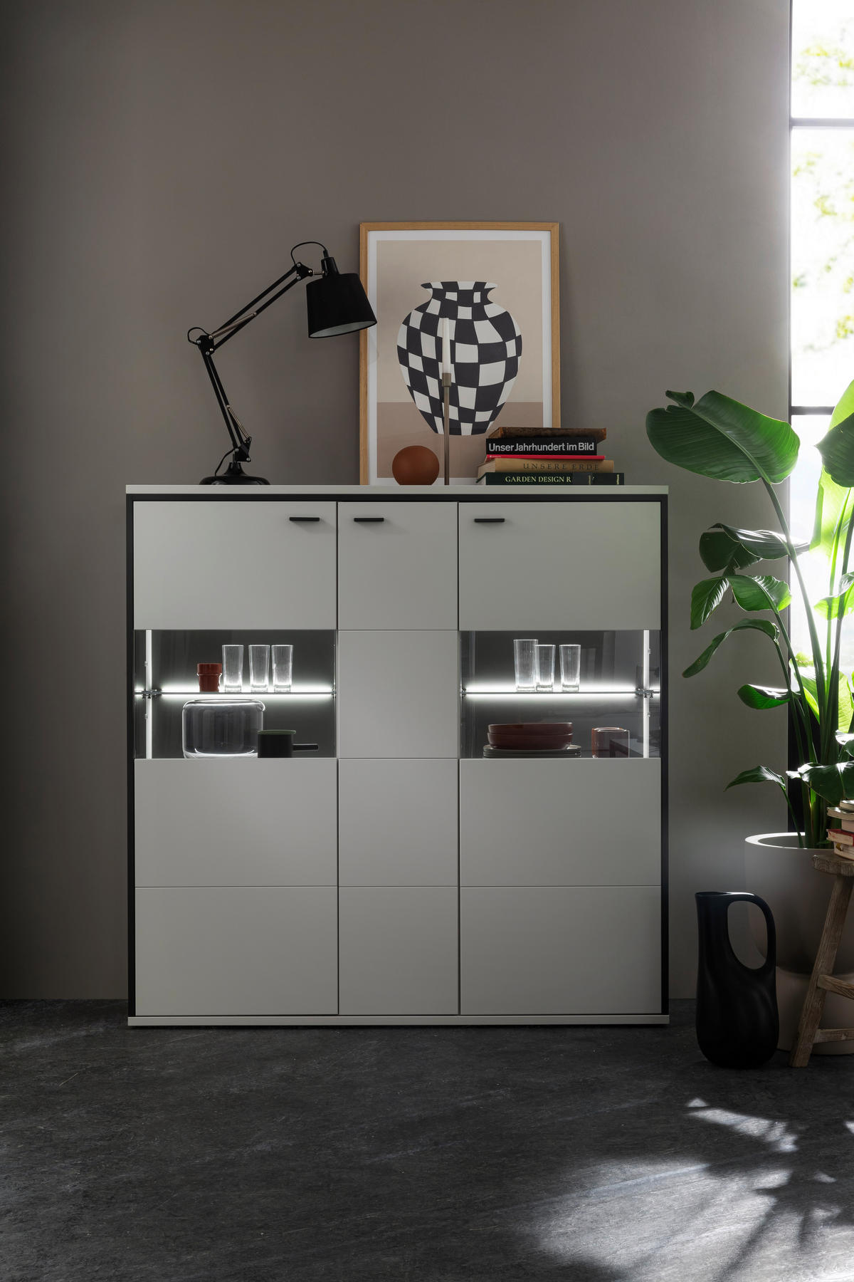 HIGHBOARD Schwarz, Weiss  134/136/38 cm  - Weiss/Schwarz, Design, Glas/Holzwerkstoff (134/136/38cm) - Stylife